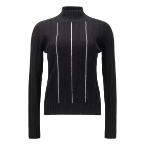 Mock Neck Striped Embellished Sweater - Black