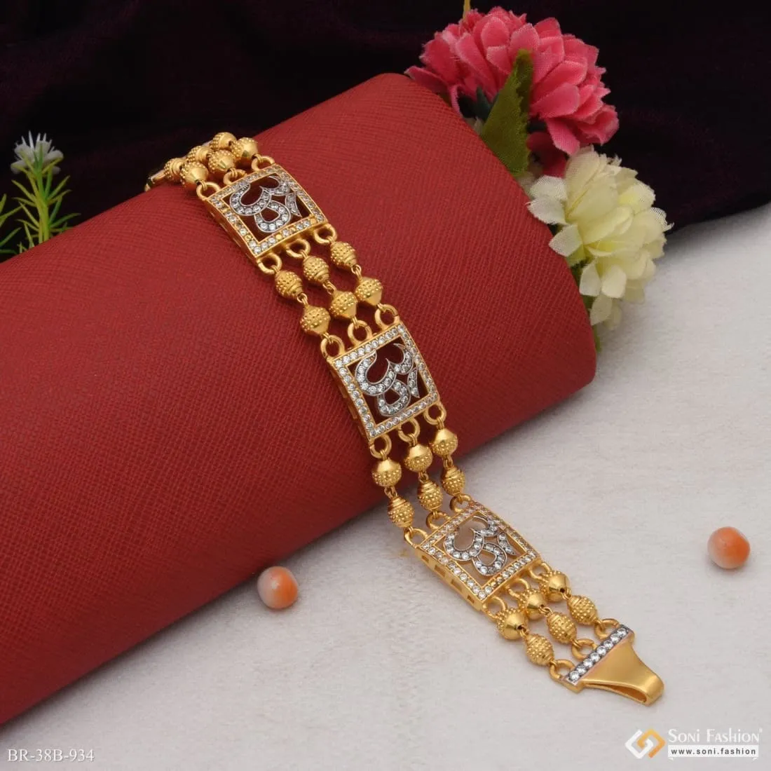 1 Gram Gold Forming Om with Diamond Fancy Design High-Quality Bracelet - Style B934