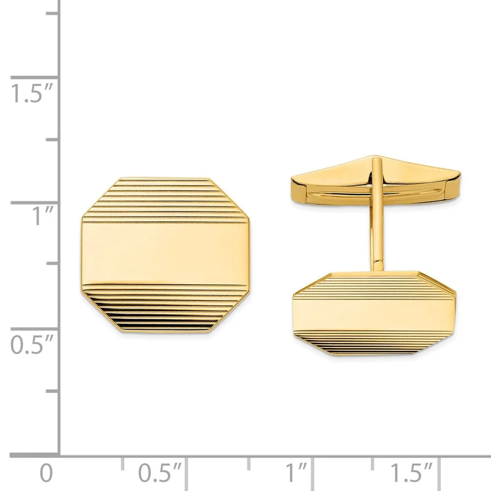 14k Real Gold Men's Rectangular Octagon With Line Design Cuff Links