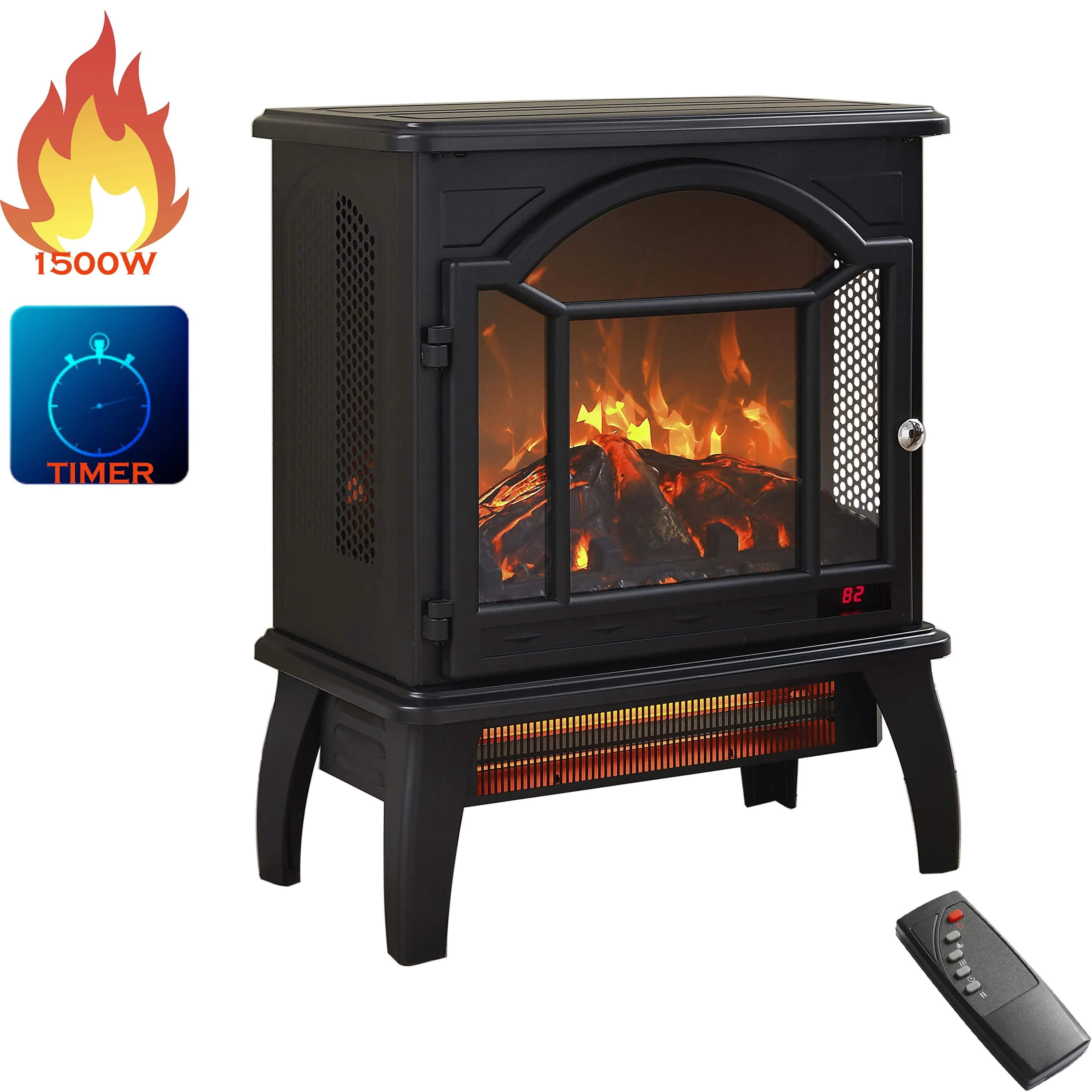 1500W Electric Fireplace Heater with Remote Control, Indoor Personal Space Heater with Timer 3D Virtual Flame, Quick Heat up for Office, Bedroom and Under Desk, 64�H-82�H 11 Temperature Settings