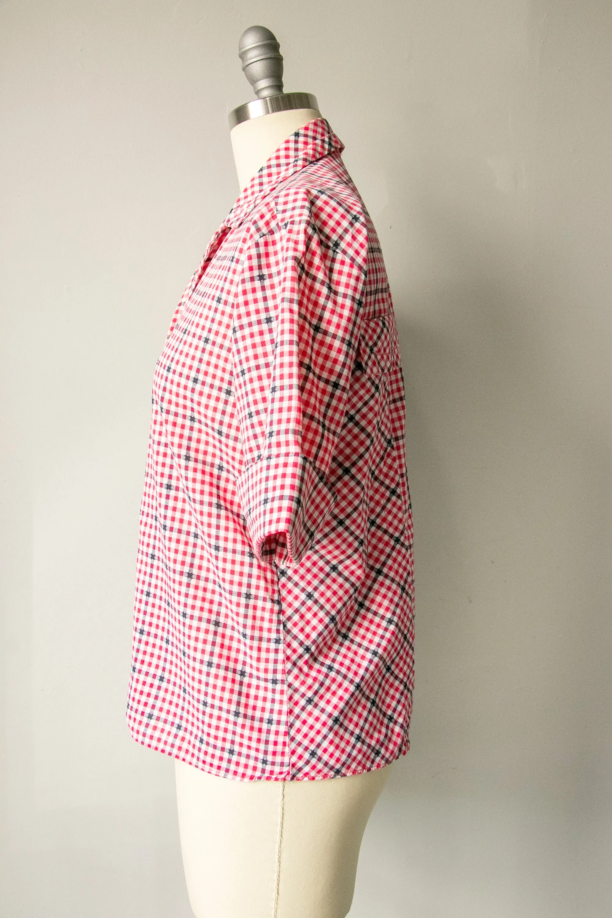 1950s Blouse Cotton Plaid Pocket Top M