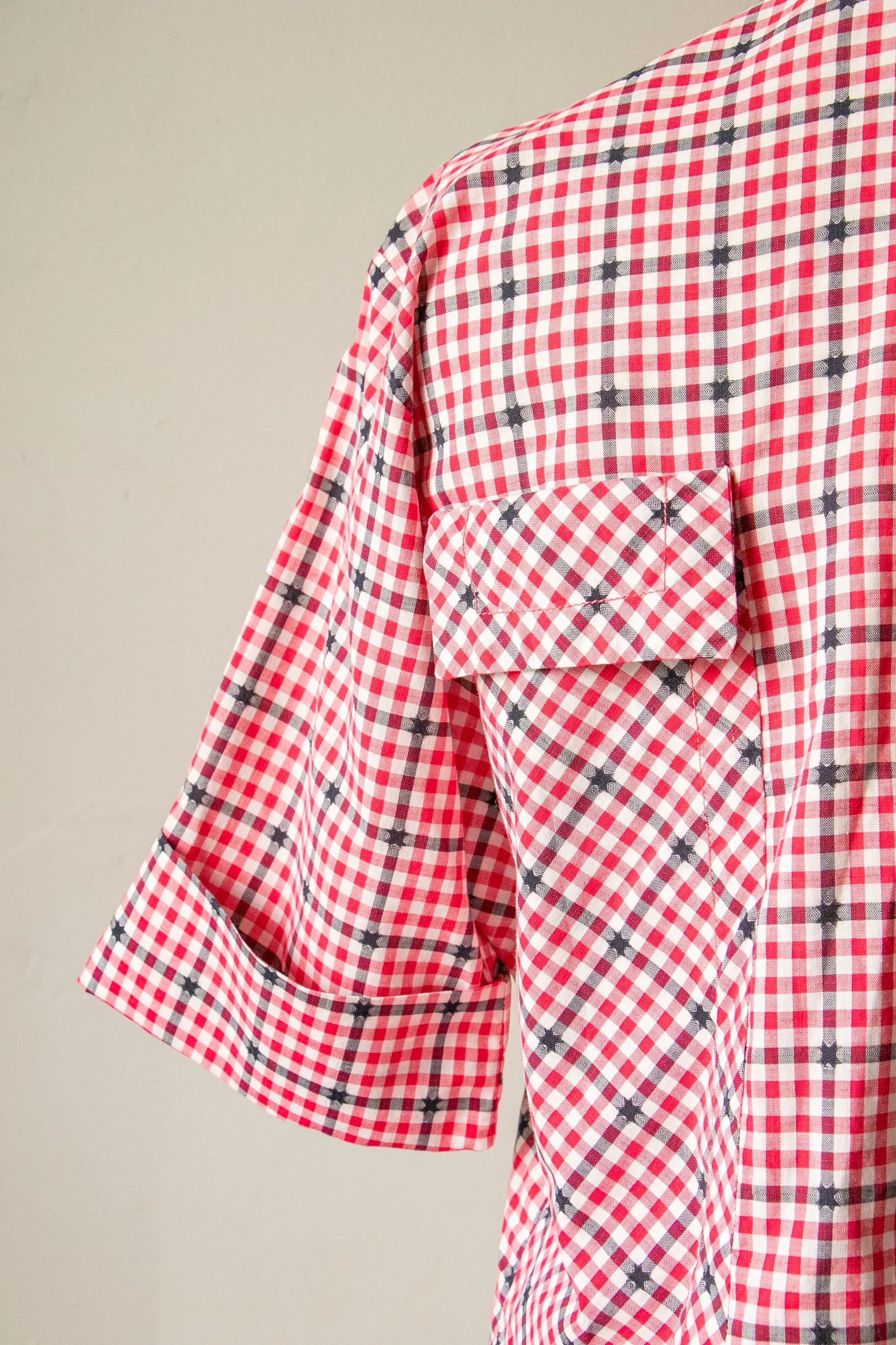 1950s Blouse Cotton Plaid Pocket Top M