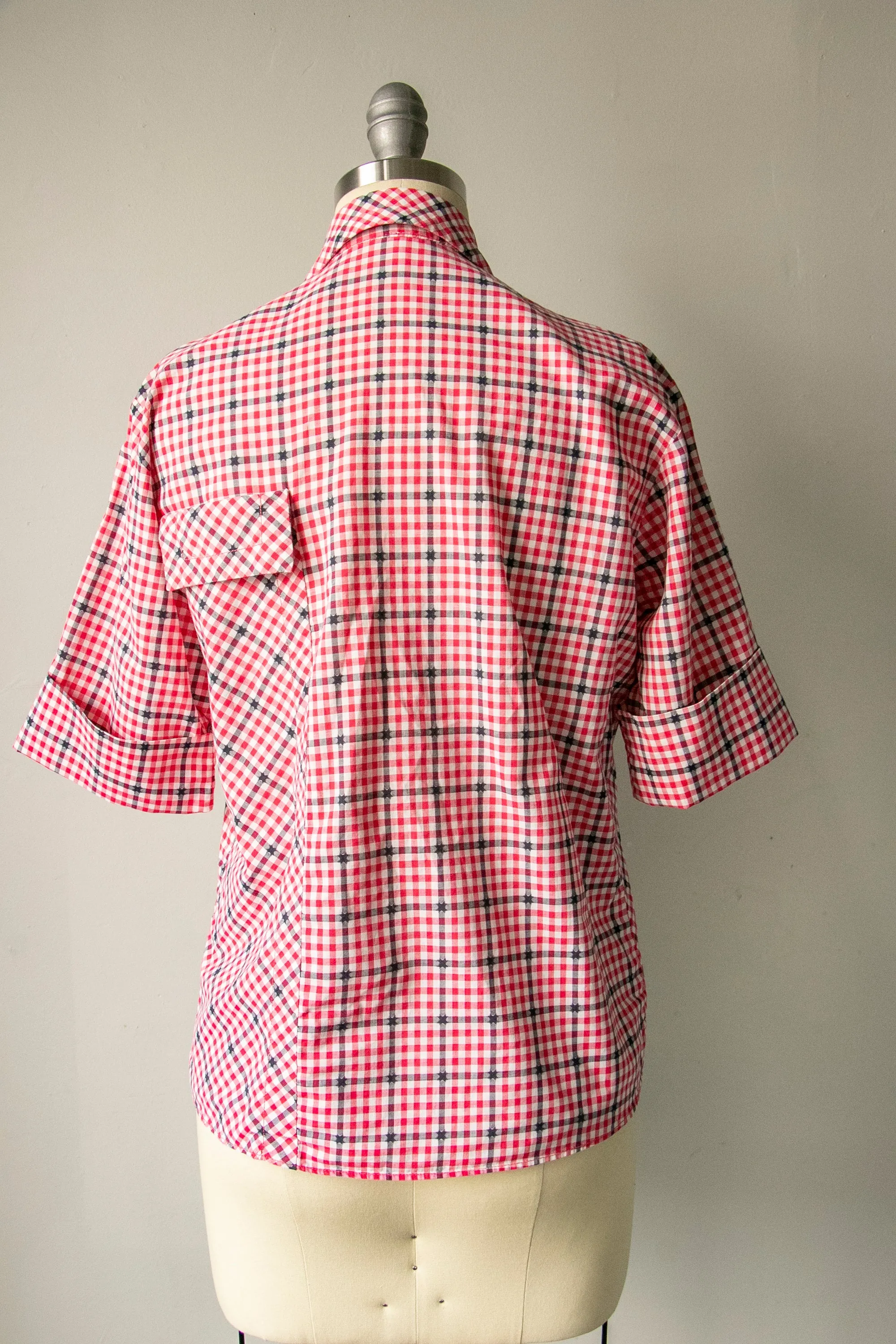 1950s Blouse Cotton Plaid Pocket Top M