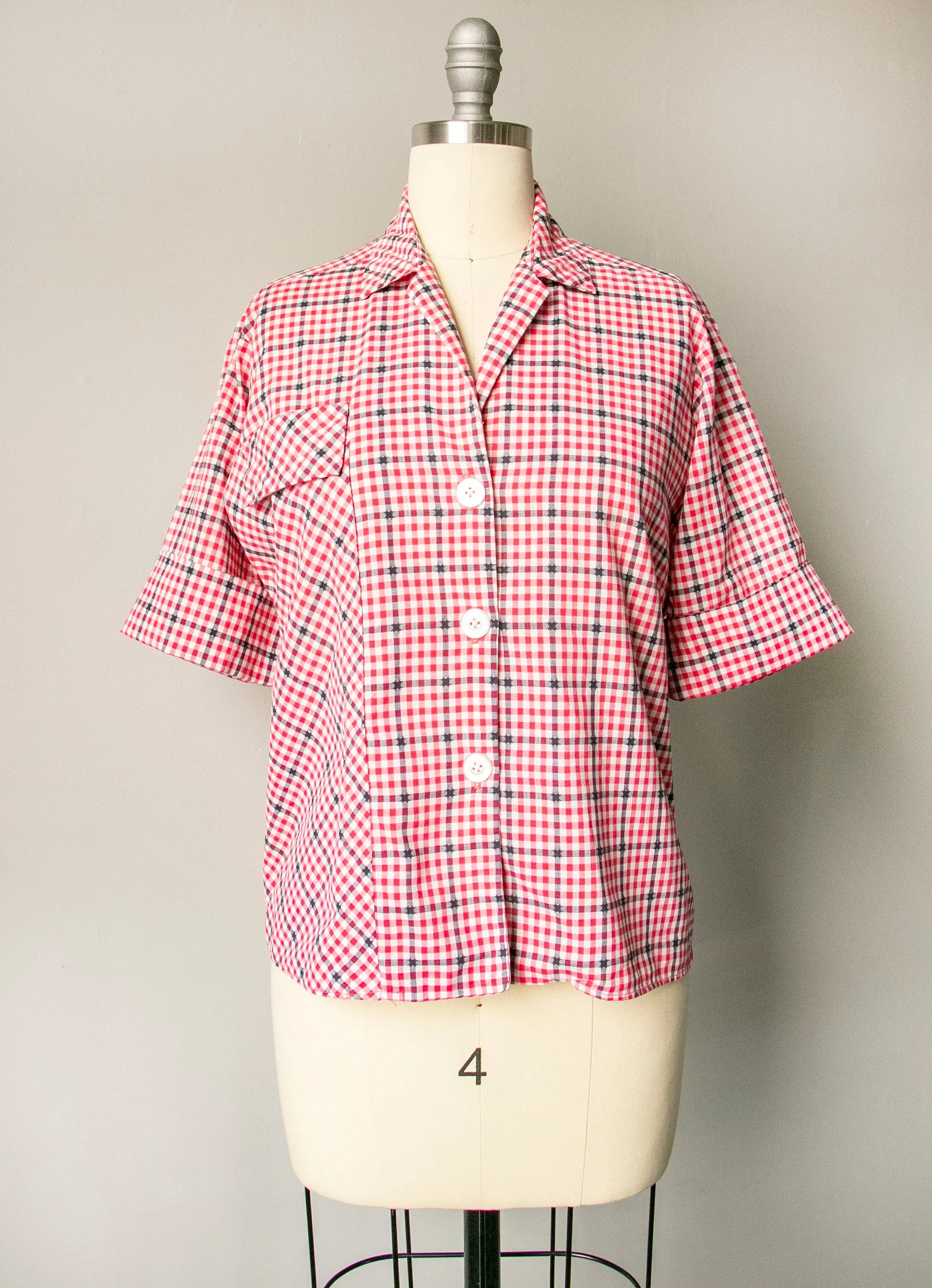 1950s Blouse Cotton Plaid Pocket Top M