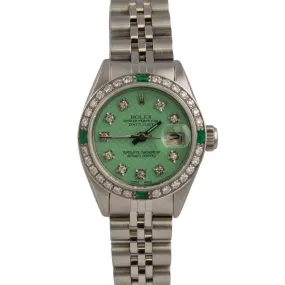 1978 Rolex Datejust 6916 Stainless Steel Green Emerald Diamond 26mm Ladies Watch