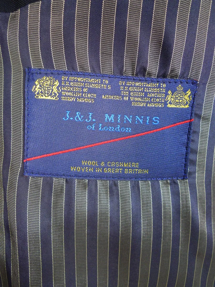 24/0989 immaculate j&j minnis london bespoke navy blue wool & cashmere blazer w/ striped linings 43 regular to long