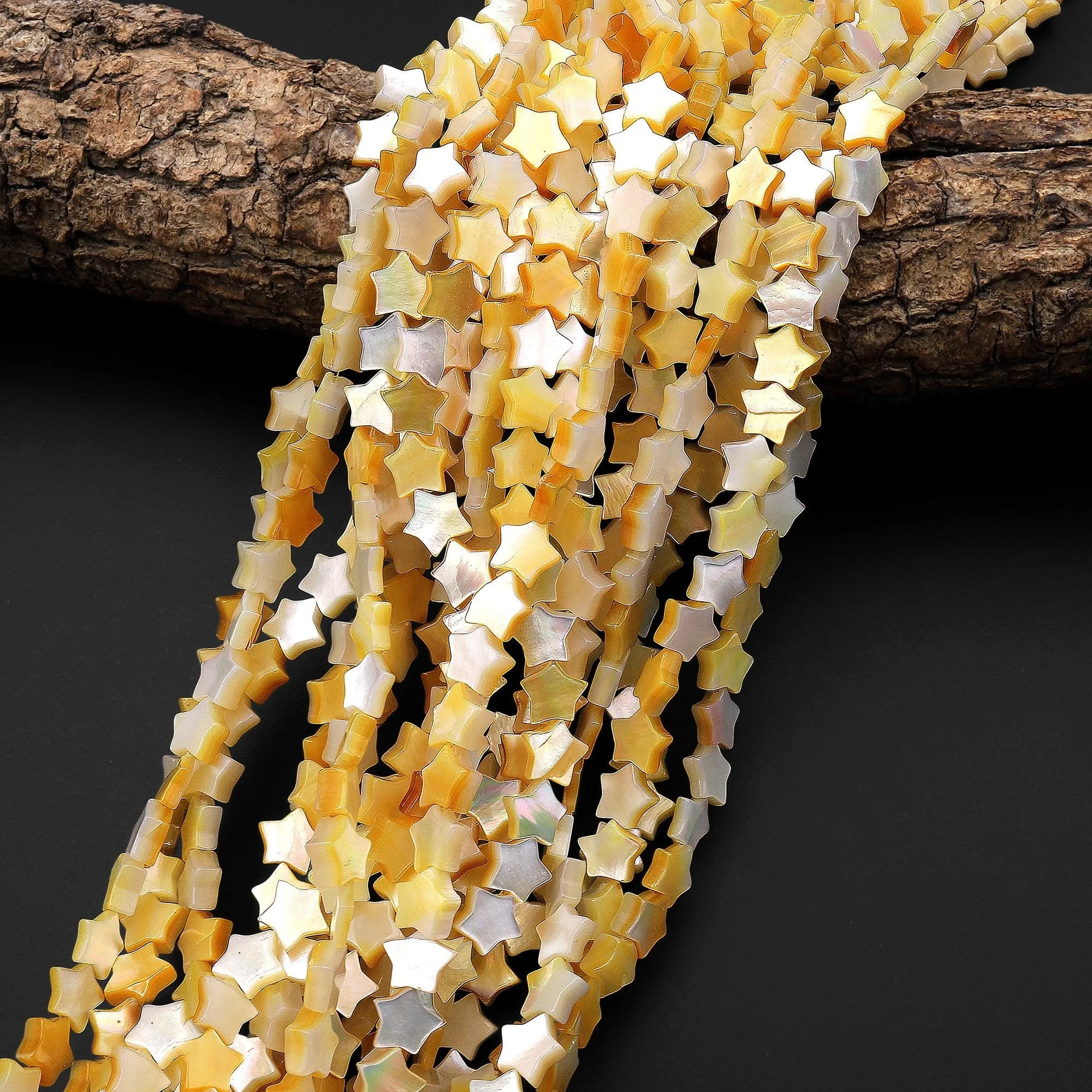 AAA Iridescent Hand Carved Natural Golden Yellow Mother of Pearl Shell Star Beads 6mm 8mm15.5" Strand