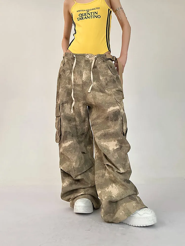 Alexis Brown Green Acid Wash Vintage Camouflage High Waist Straight Wide Leg Multi-Pocket Cargo Pleated Pants