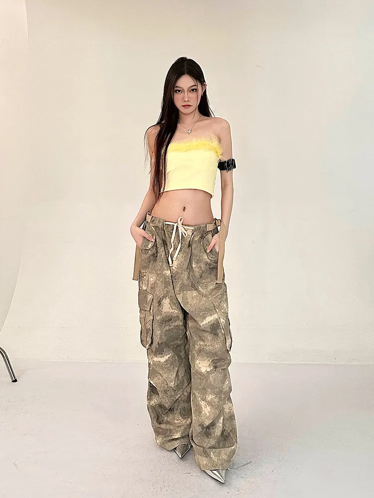 Alexis Brown Green Acid Wash Vintage Camouflage High Waist Straight Wide Leg Multi-Pocket Cargo Pleated Pants