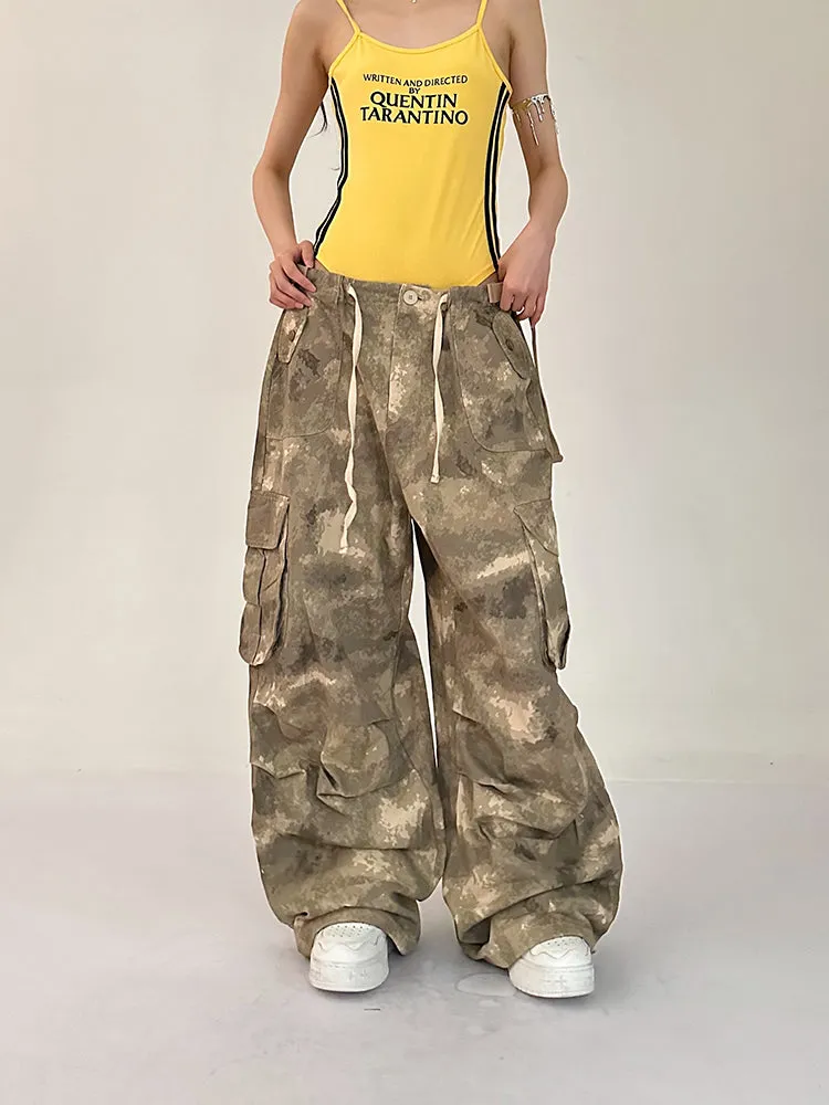 Alexis Brown Green Acid Wash Vintage Camouflage High Waist Straight Wide Leg Multi-Pocket Cargo Pleated Pants