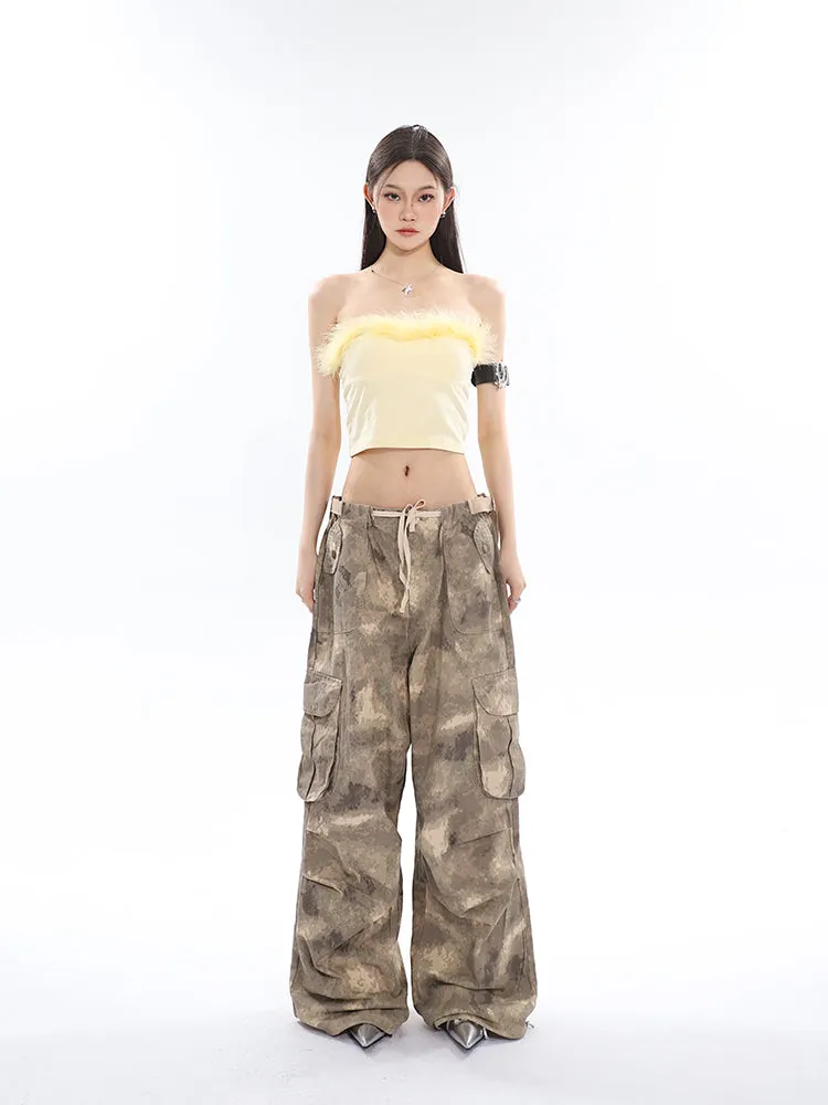 Alexis Brown Green Acid Wash Vintage Camouflage High Waist Straight Wide Leg Multi-Pocket Cargo Pleated Pants