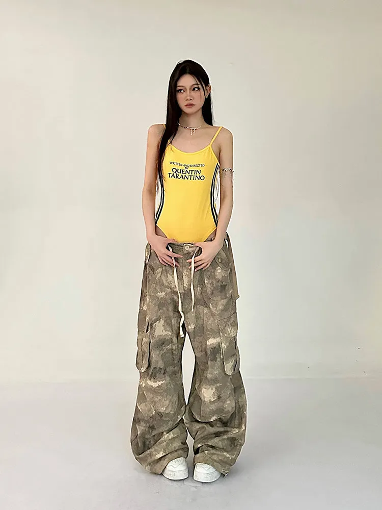 Alexis Brown Green Acid Wash Vintage Camouflage High Waist Straight Wide Leg Multi-Pocket Cargo Pleated Pants