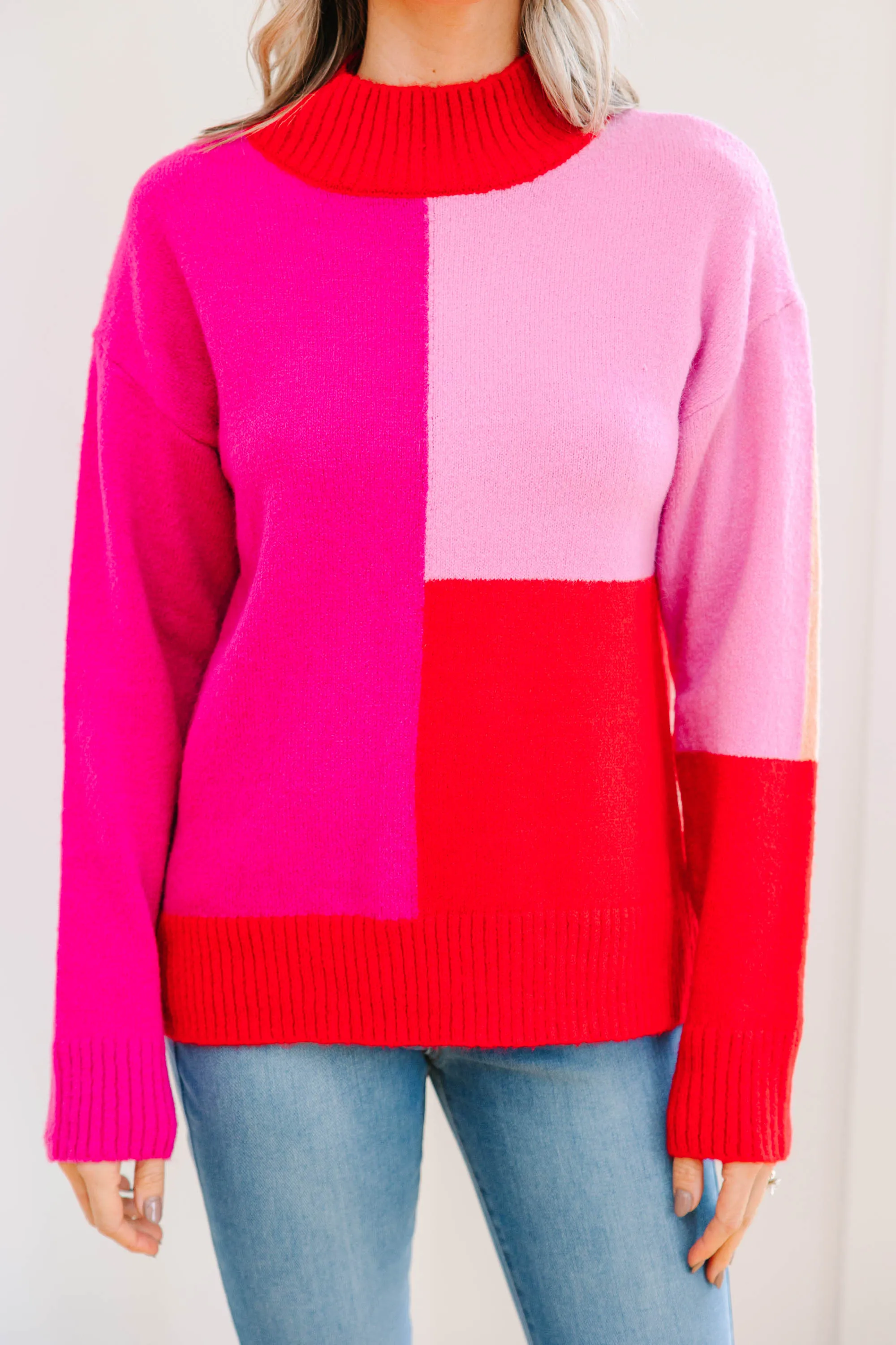 All Good Hot Pink Colorblock Sweater