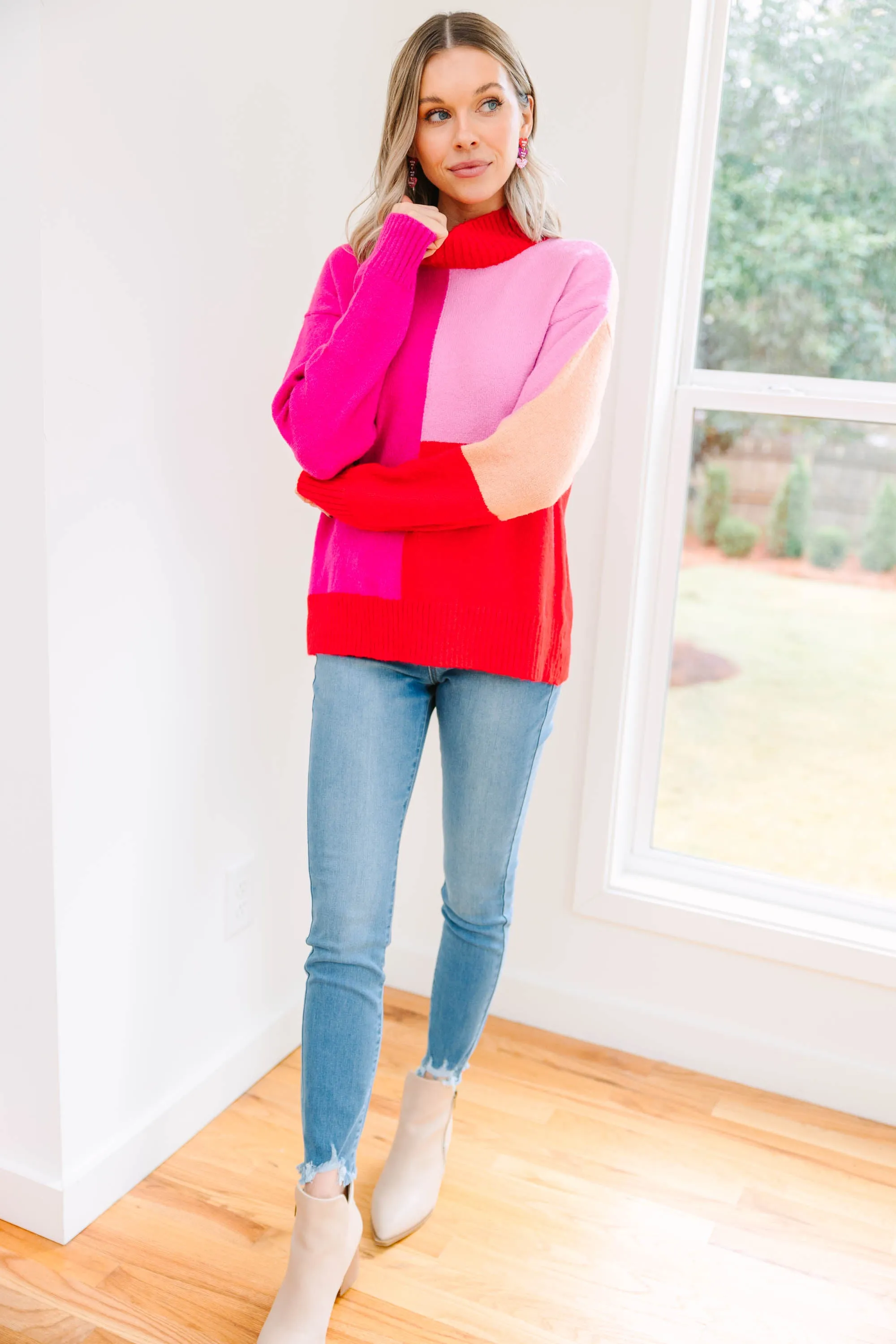 All Good Hot Pink Colorblock Sweater