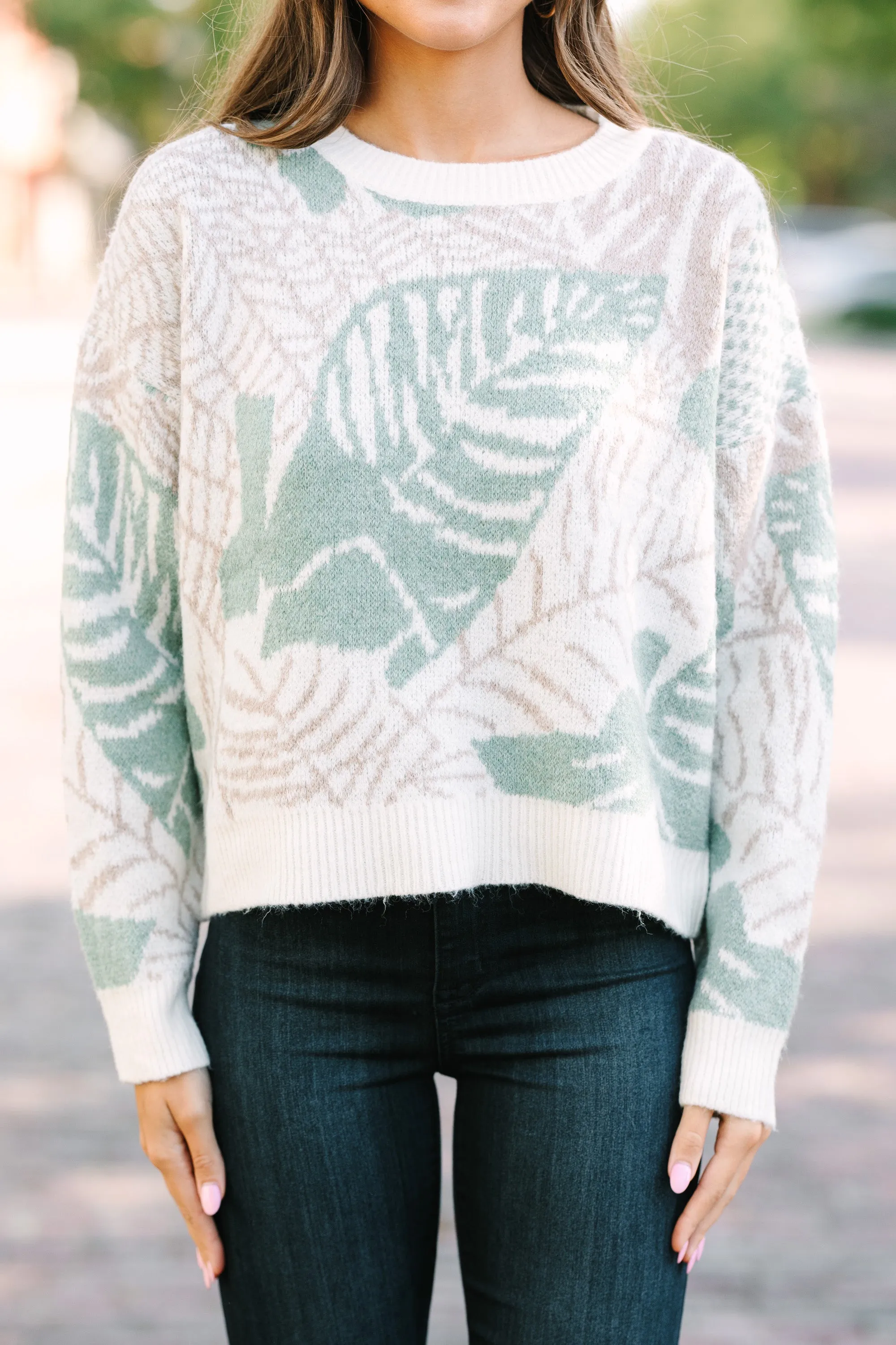 All In Love Sage Green Leaf Print Sweater