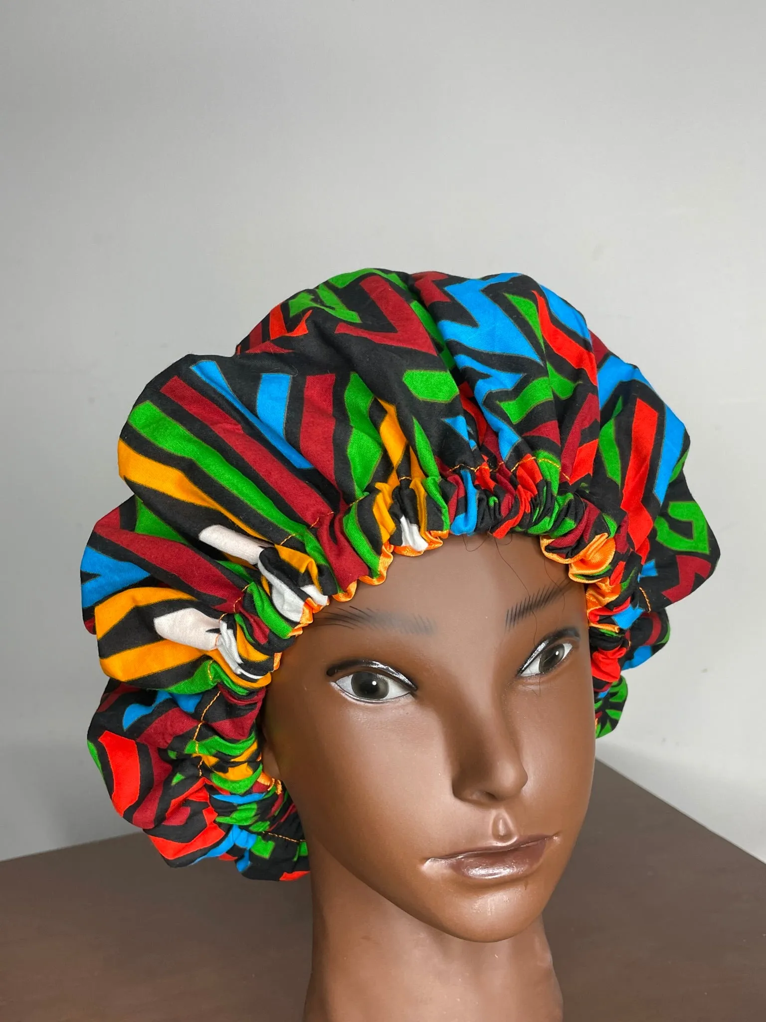 Ankara Green and Red Multicoloured Hair Bonnet