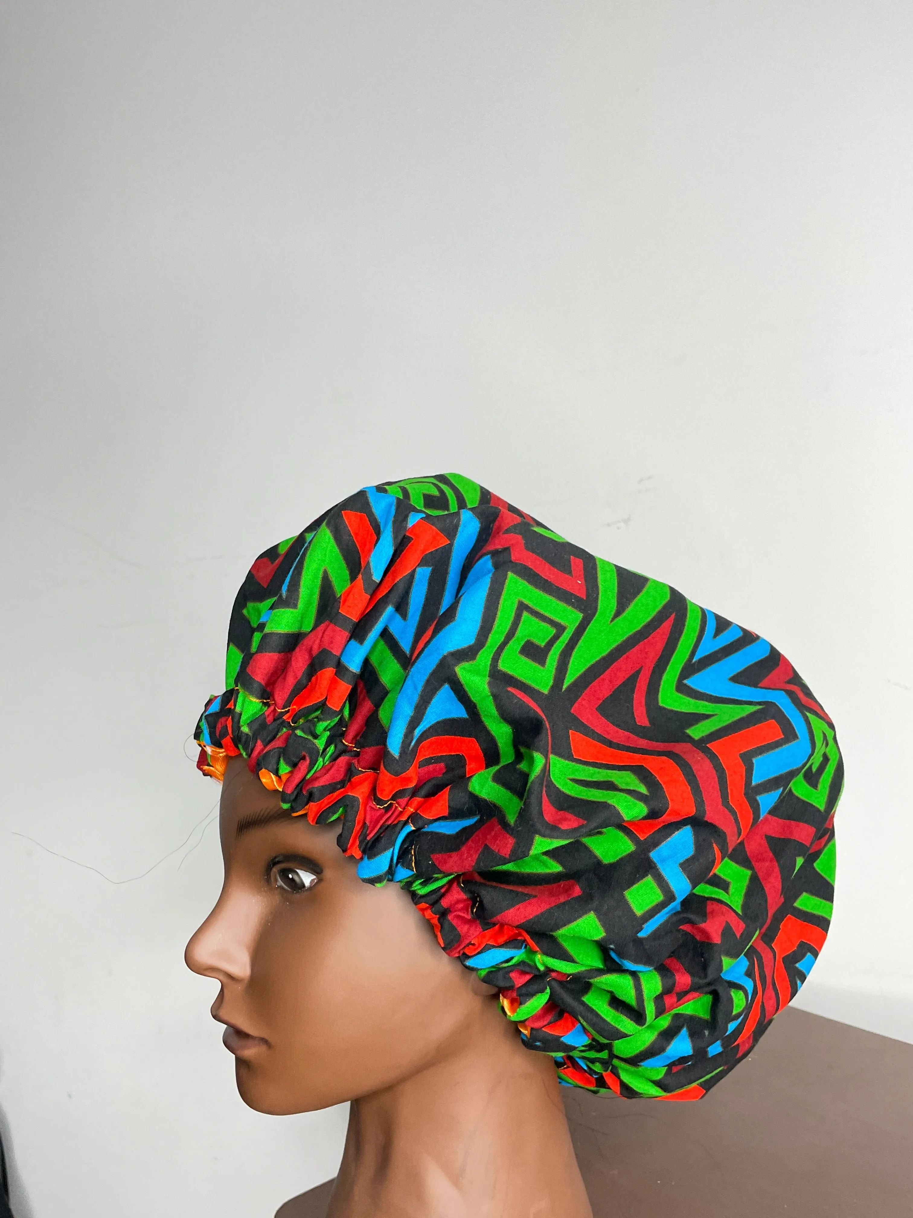 Ankara Green and Red Multicoloured Hair Bonnet