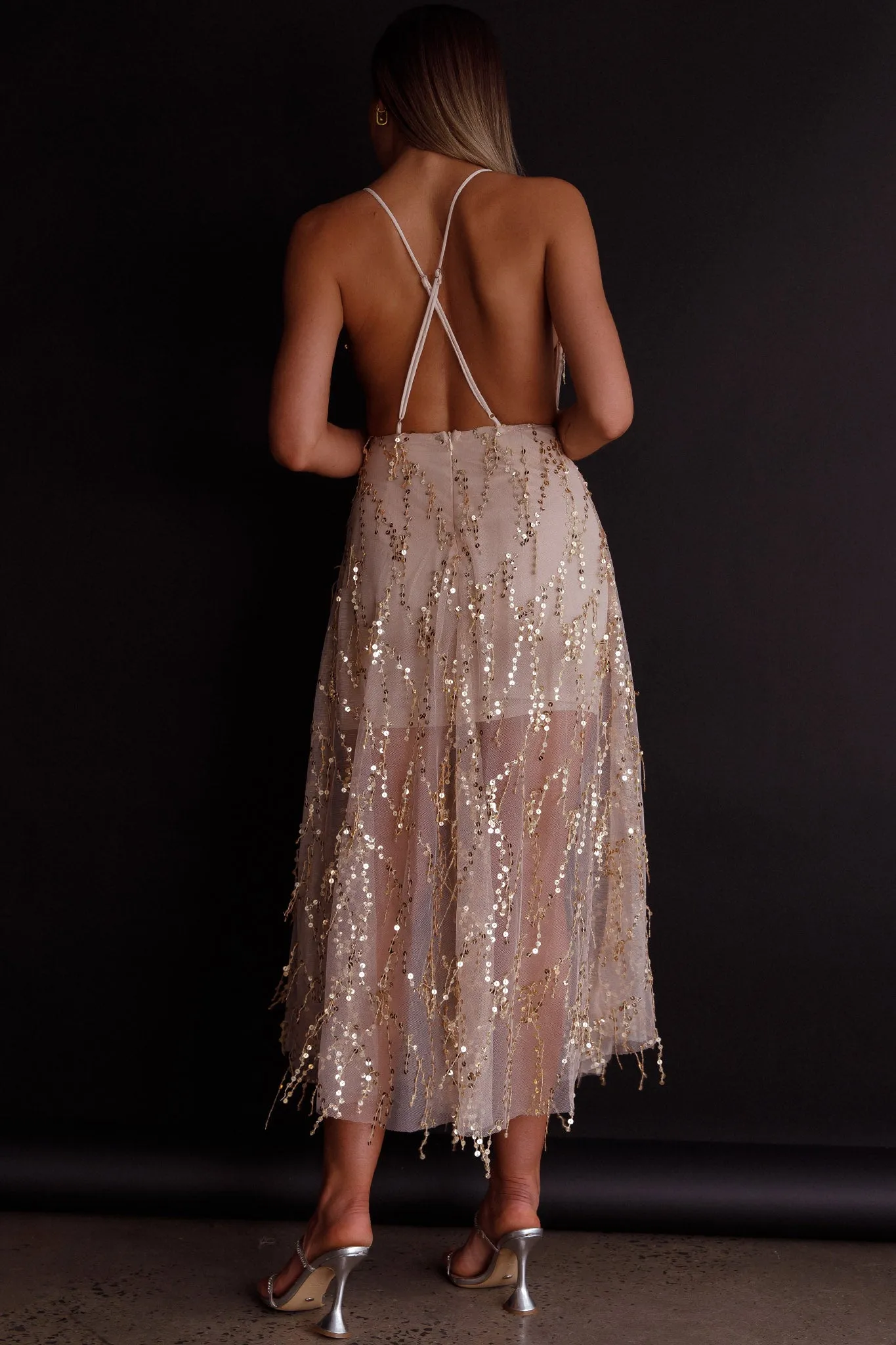 Ariana Sequin Midi Dress Beige