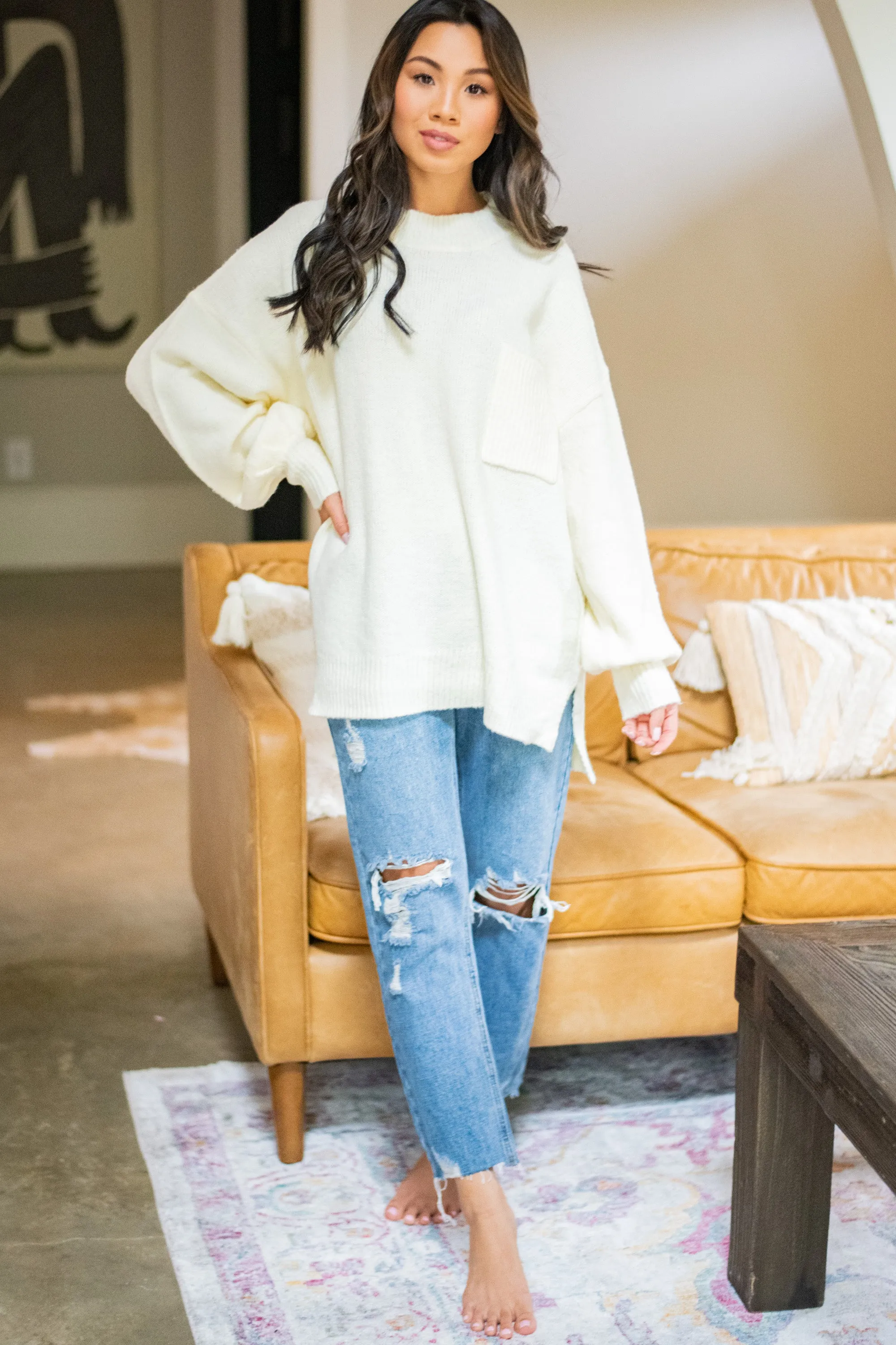 As It Happens Cream White Bubble Sleeve Sweater