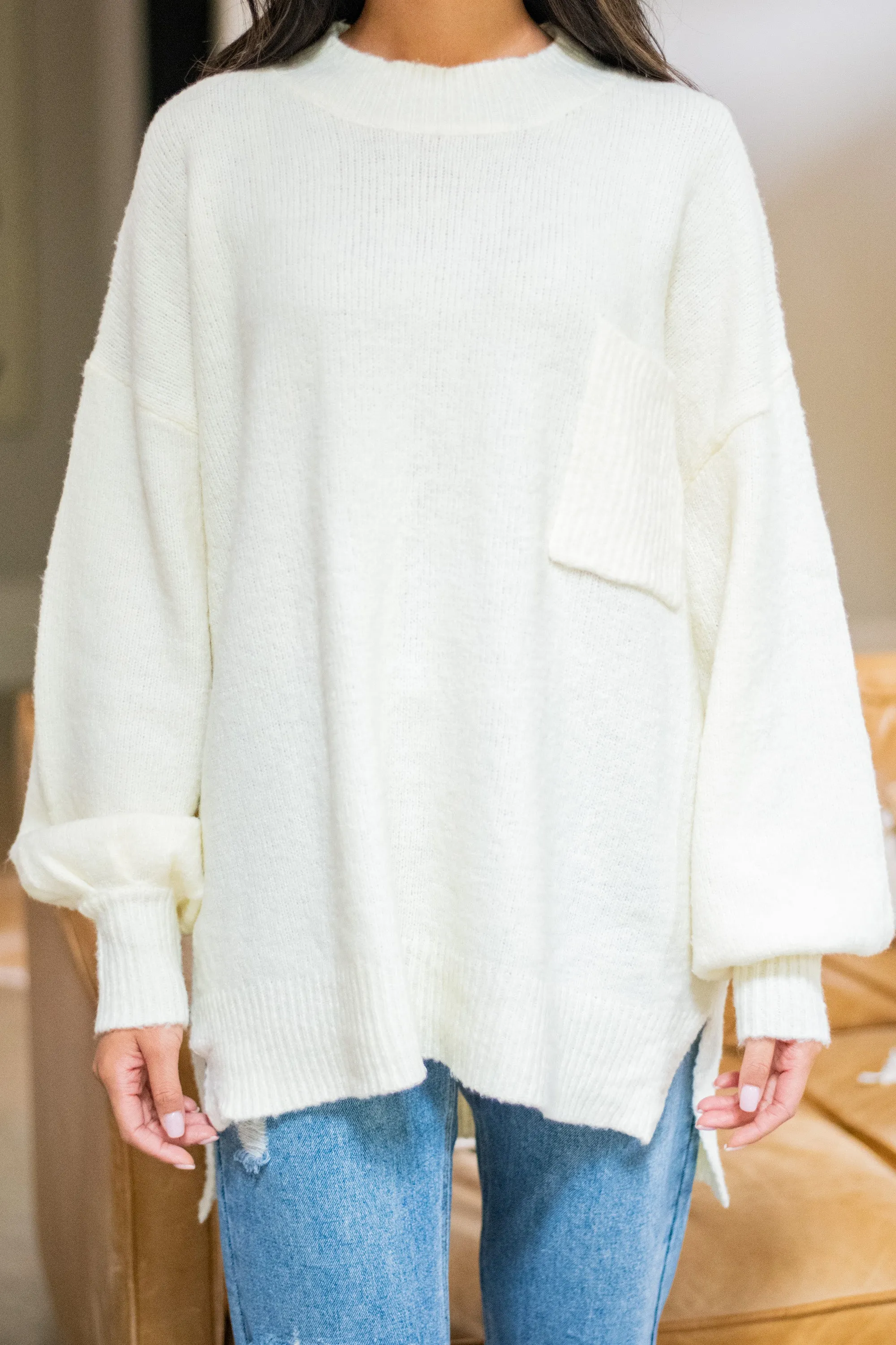 As It Happens Cream White Bubble Sleeve Sweater