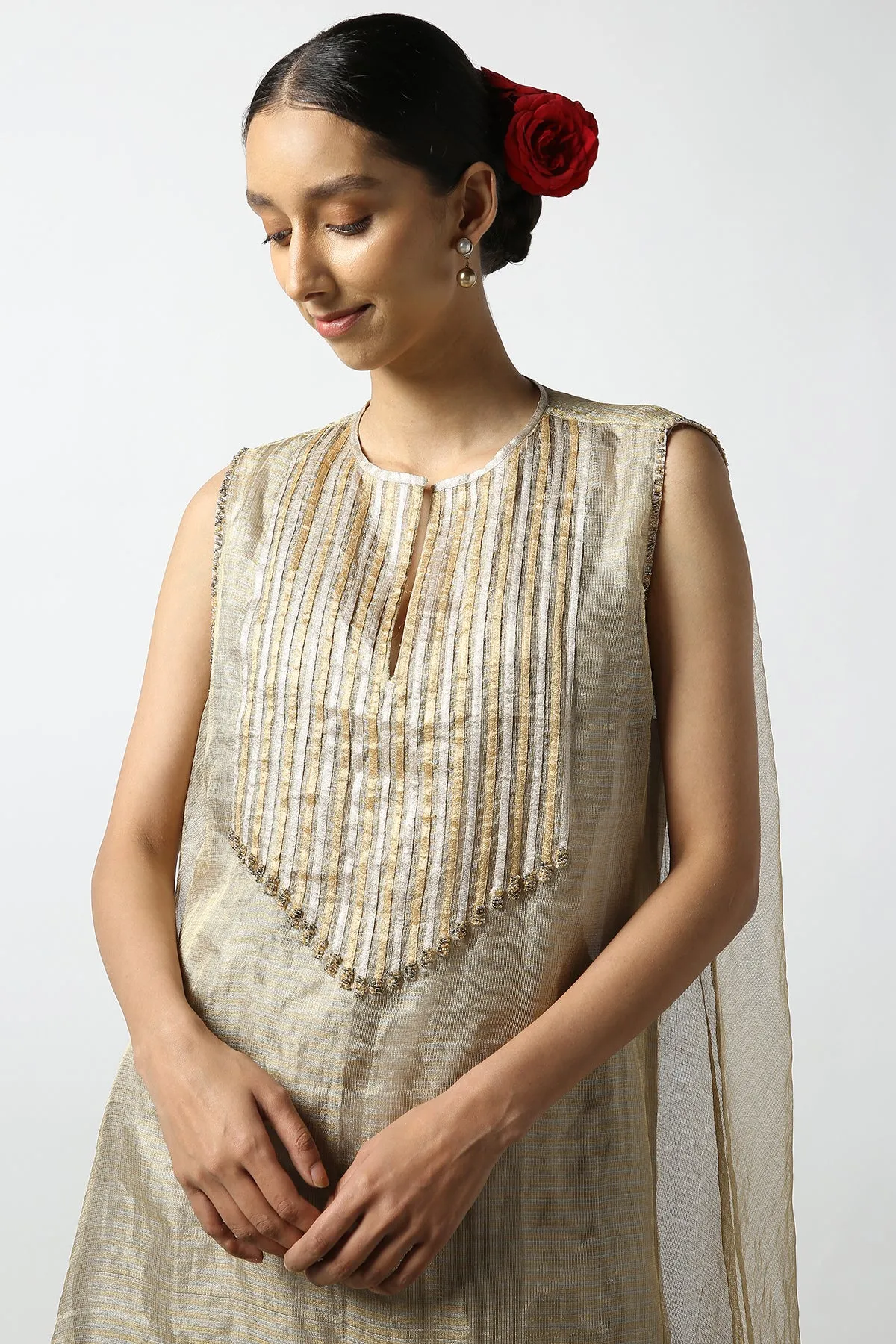 Banarasi Georgette Tissue Flare With Kanchi Gold and Silver Strip Yoke. Kanchi Tissue Pant.