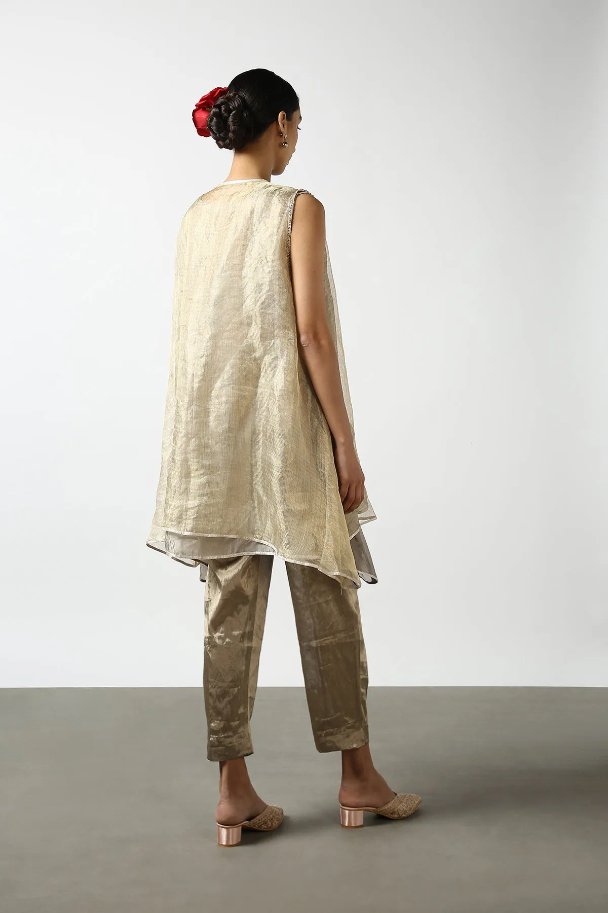 Banarasi Georgette Tissue Flare With Kanchi Gold and Silver Strip Yoke. Kanchi Tissue Pant.