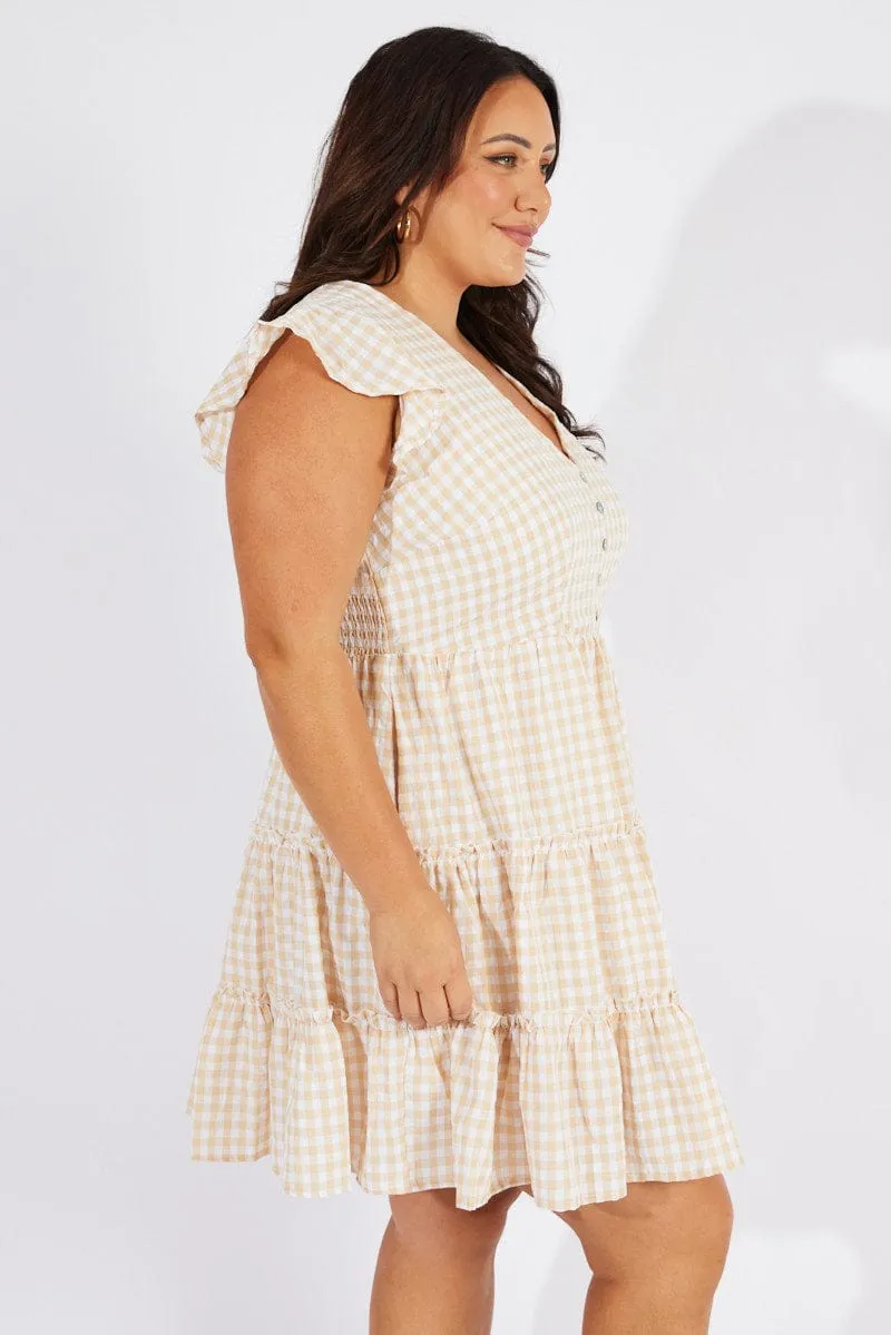 Beige Check Fit And Flare Dress Short Sleeve