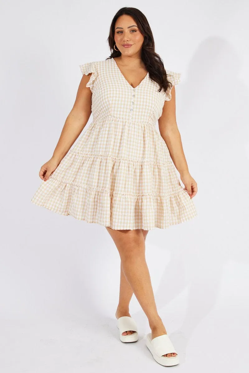 Beige Check Fit And Flare Dress Short Sleeve