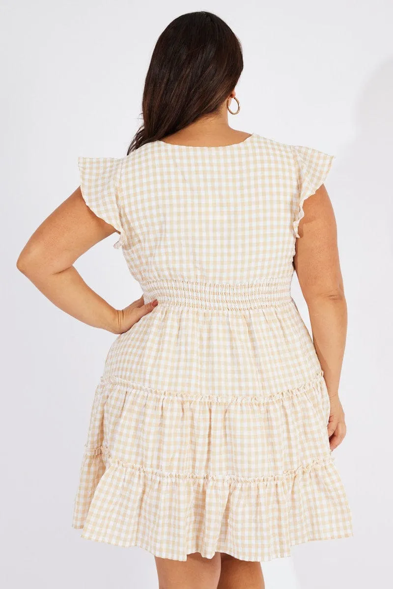 Beige Check Fit And Flare Dress Short Sleeve