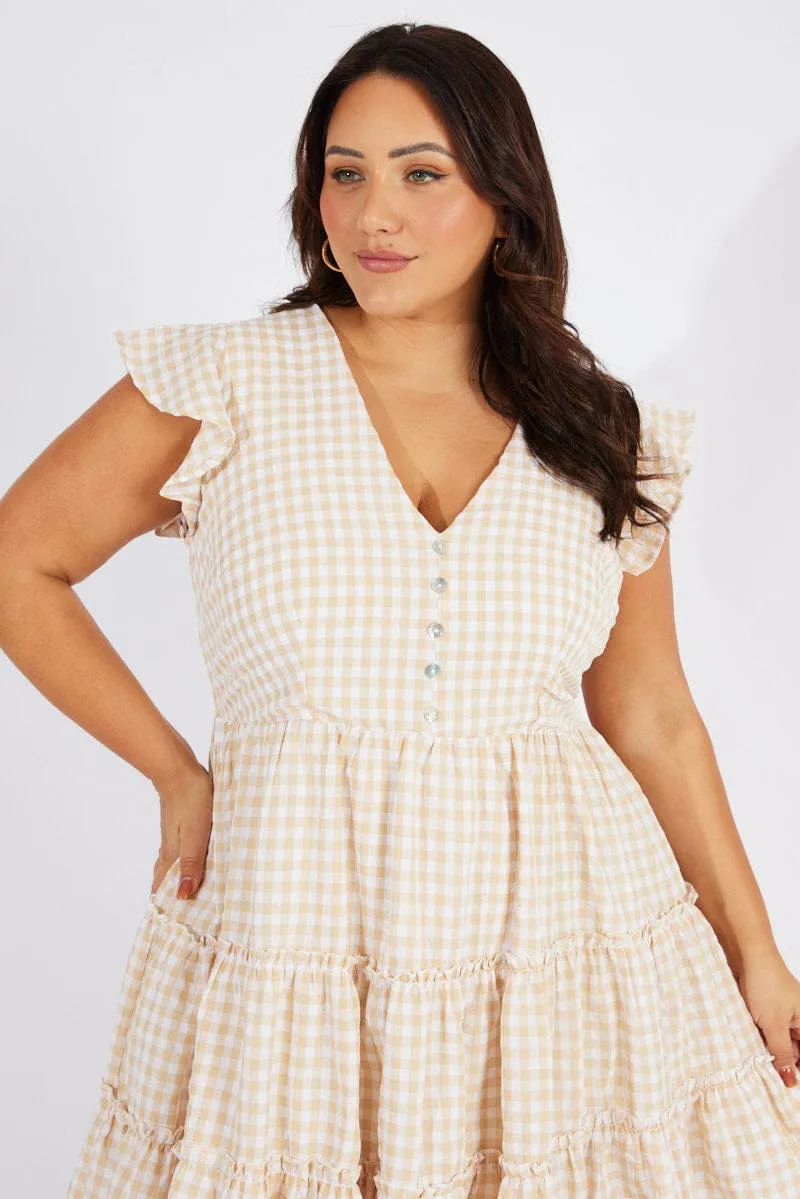 Beige Check Fit And Flare Dress Short Sleeve