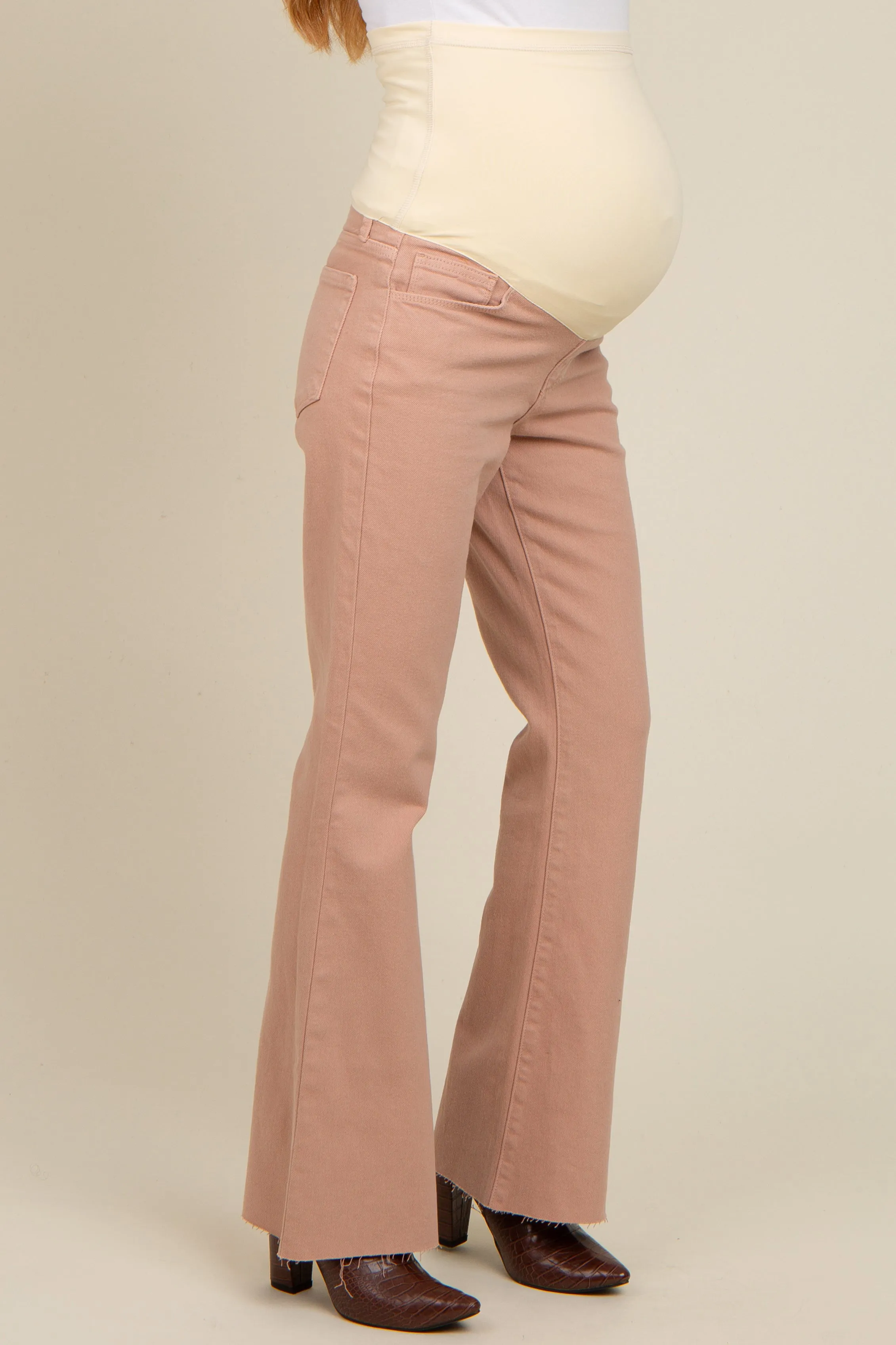 Beige Flare Leg Raw Hem Maternity Jeans