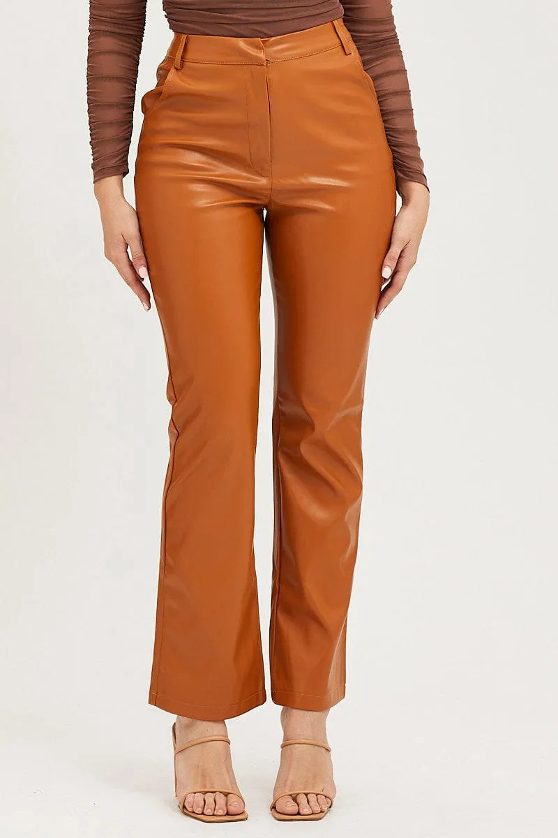 Beige Flare Pants High Rise Faux Leather