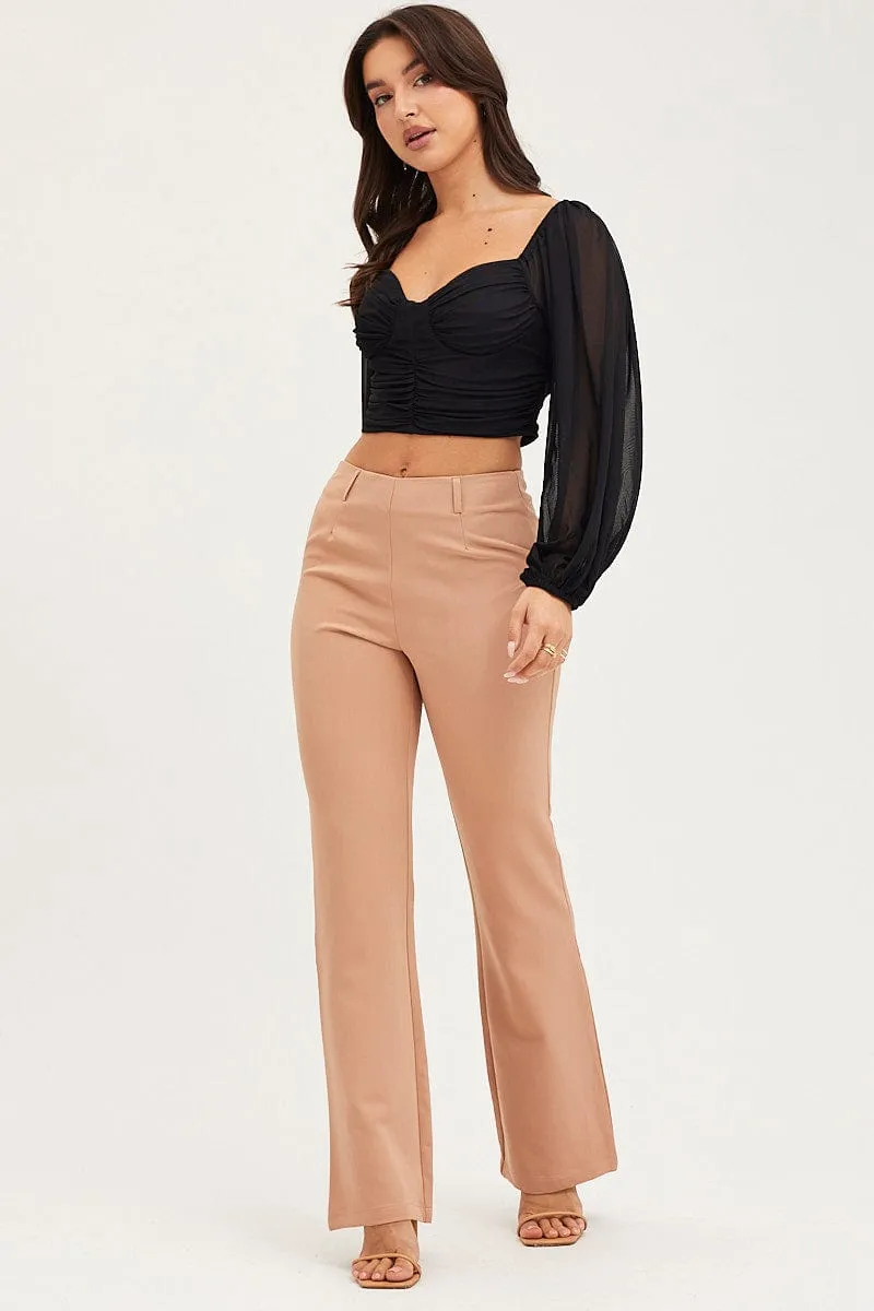 Beige Flare Pants Mid Rise