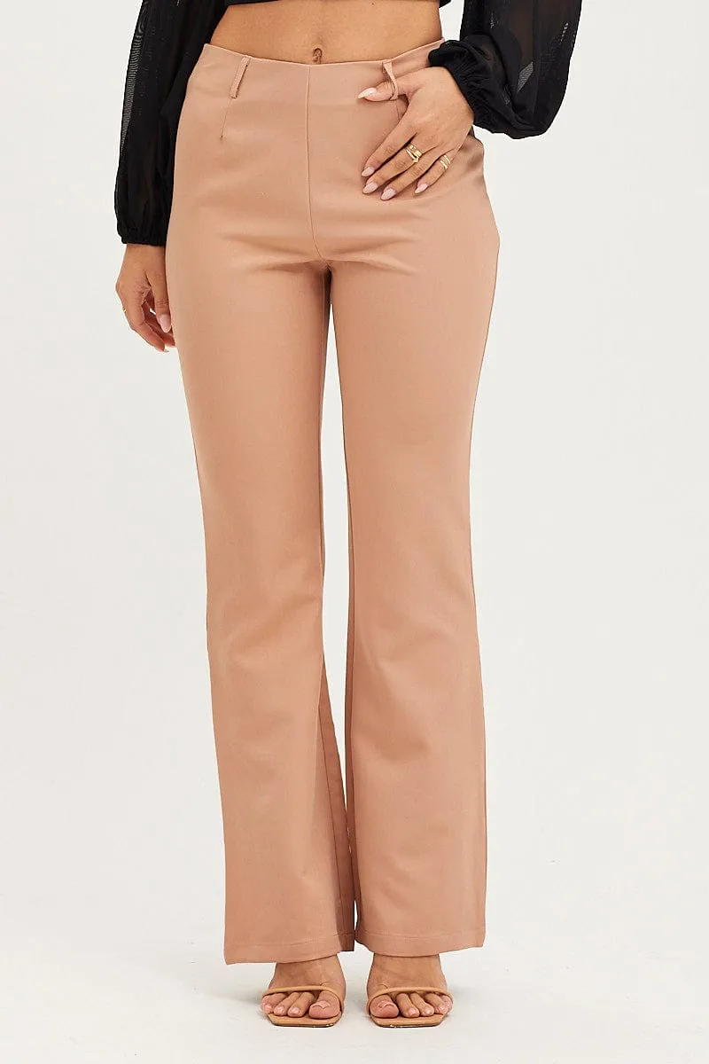 Beige Flare Pants Mid Rise