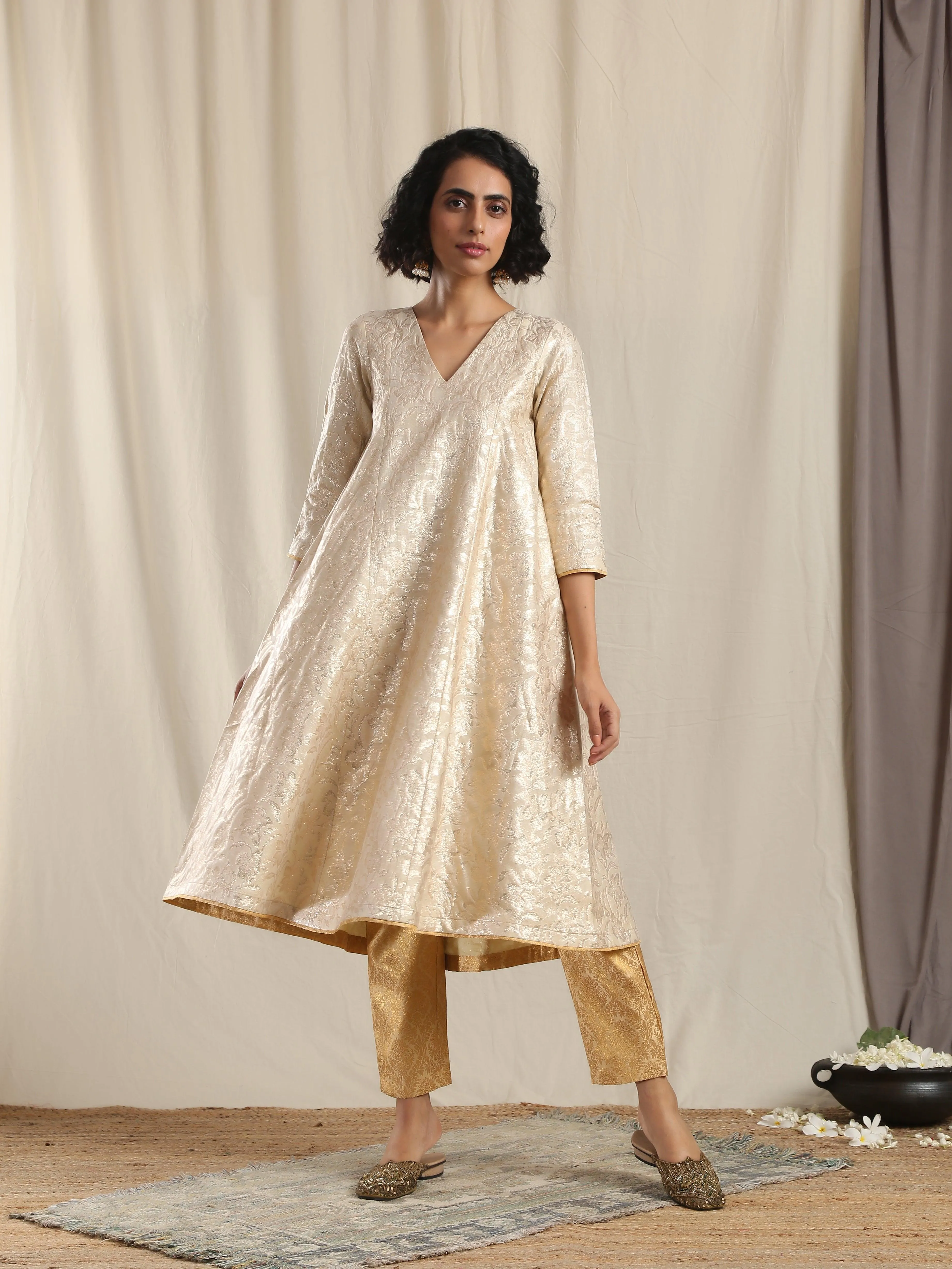 Beige Gold Modal Silk Flared Kurta Pant Set