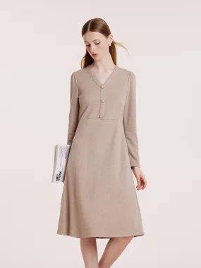 Beige Knit V-Neck Dress