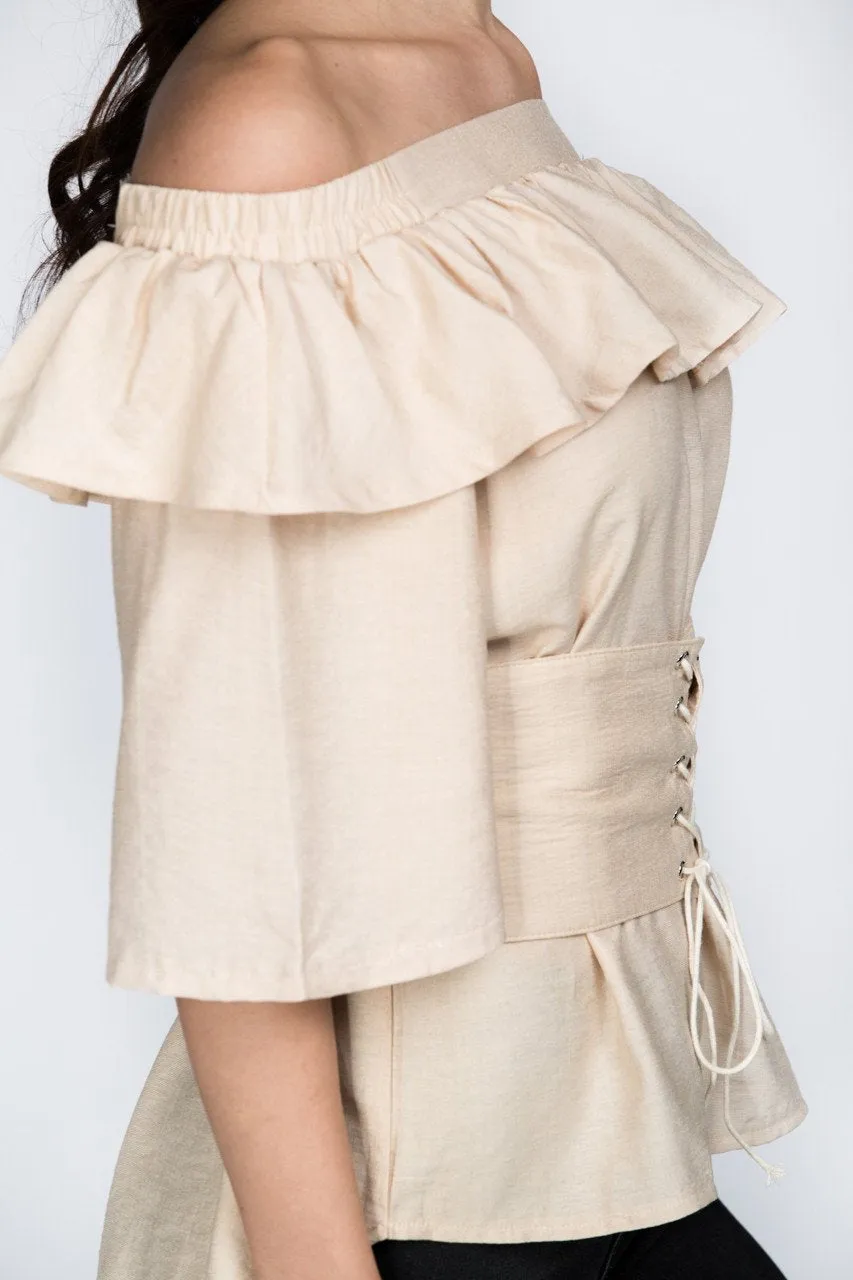 Beige Ruffled Off the Shoulder Corset Top