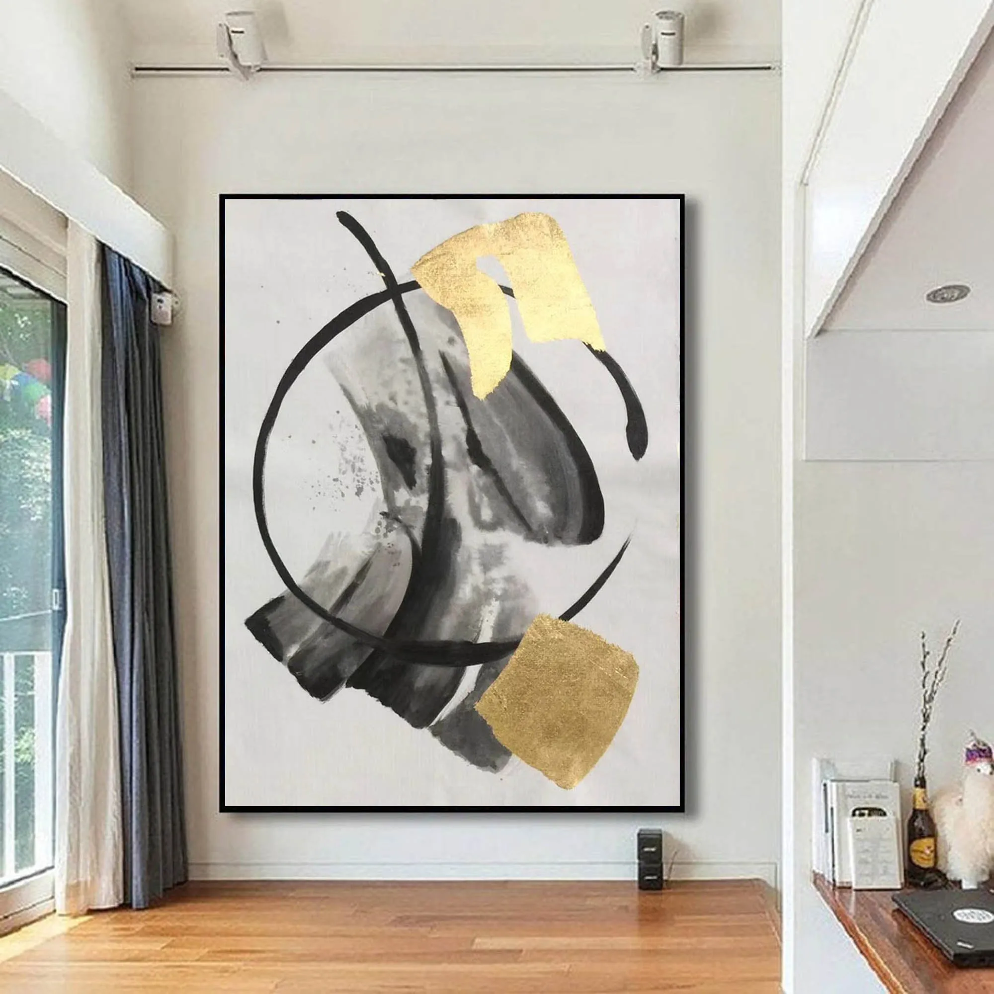 Black And White Abstract Painting Gold Leaf Wall Art Sp091