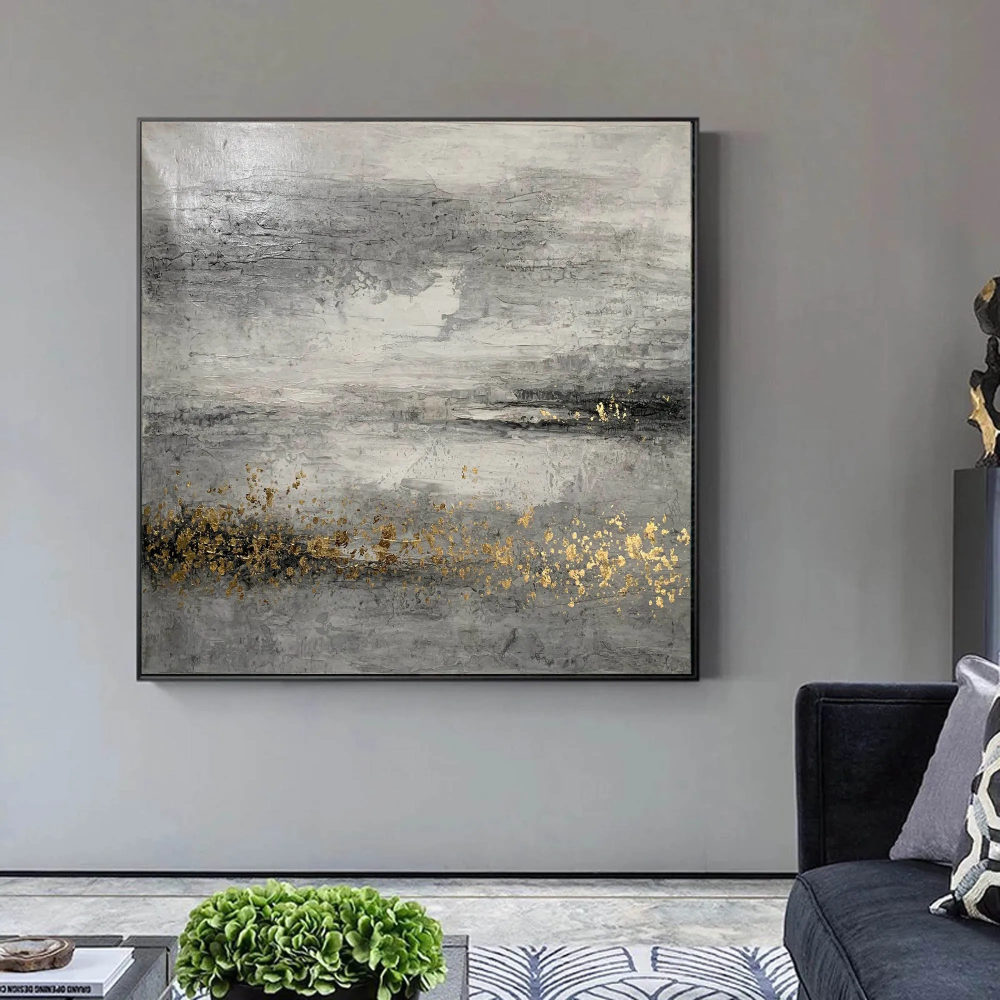 Black Gray Gold Abstract Painting Original Art Op096