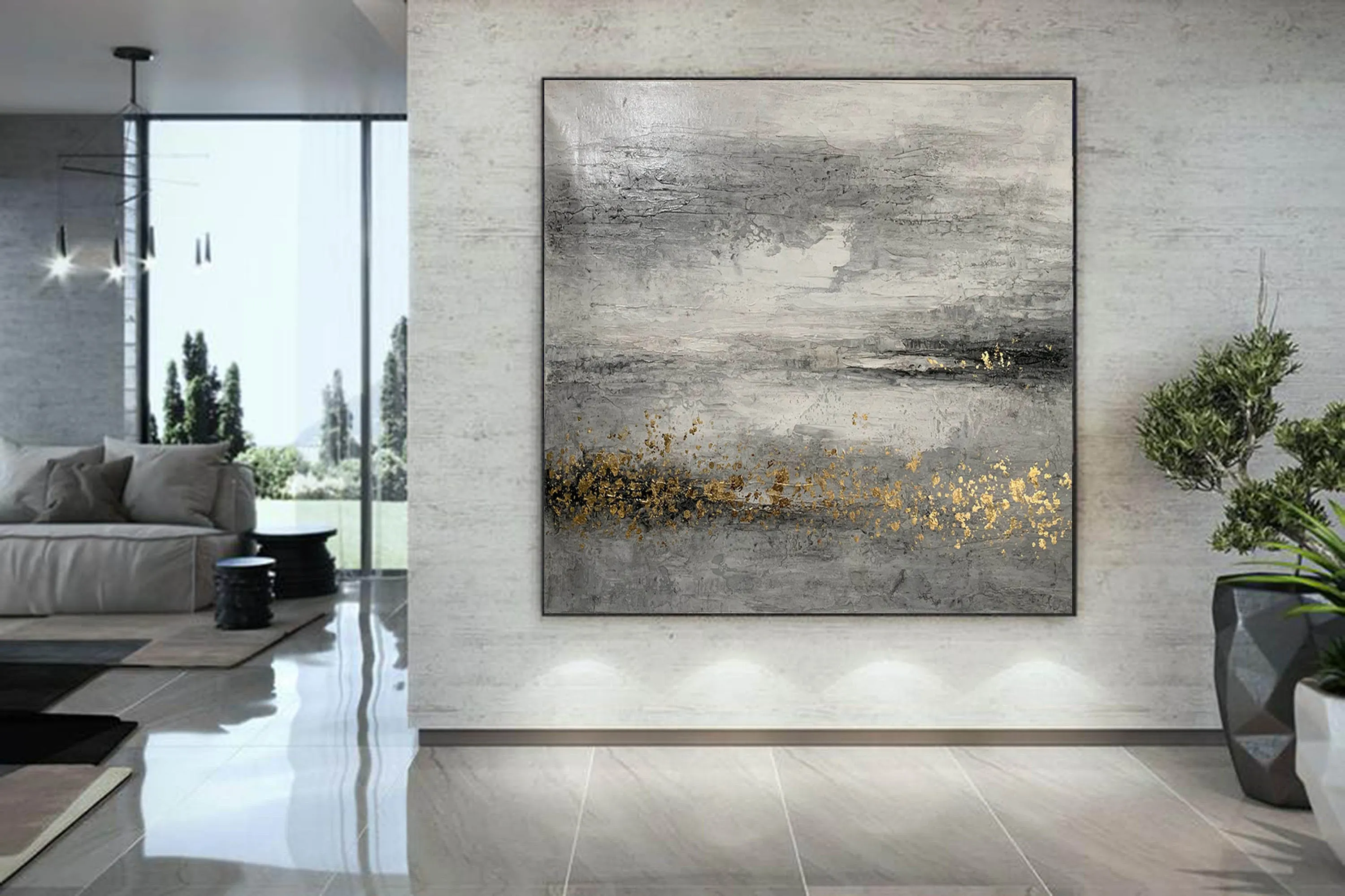 Black Gray Gold Abstract Painting Original Art Op096