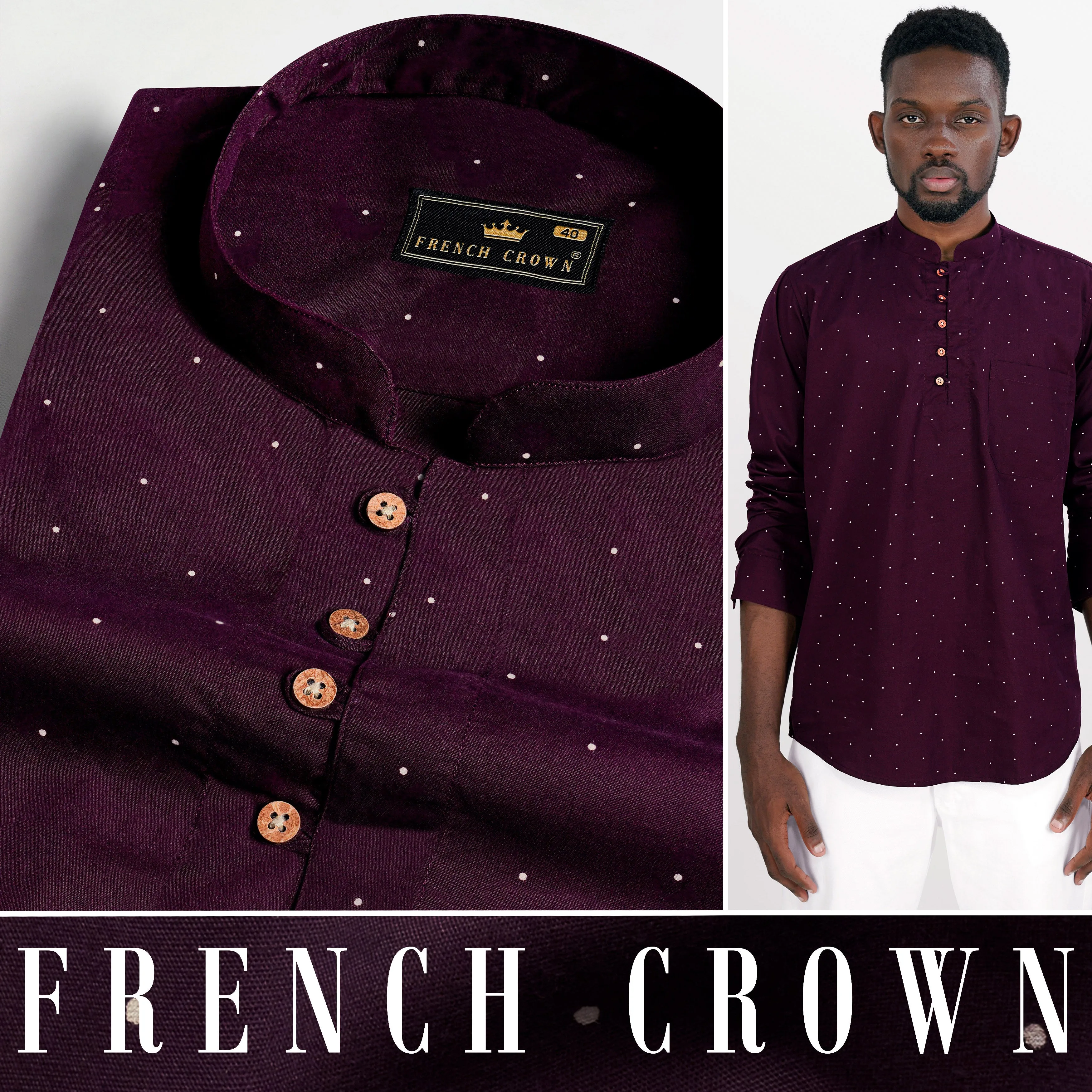 Bleached Cedar Wine Polka Dotted Twill Premium Cotton Kurta Shirt