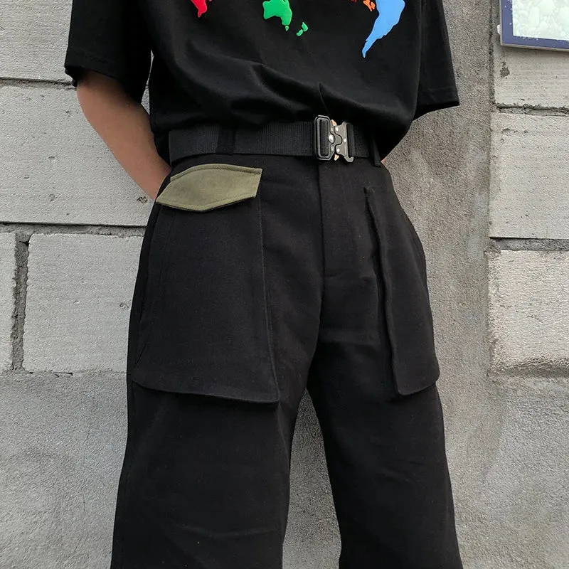 Bonsir -  Street High Vibe Style Cargo Pants Men's Fashion High Street Pants Overalls Color Block Patchwrok Button Trousers 2Y5808