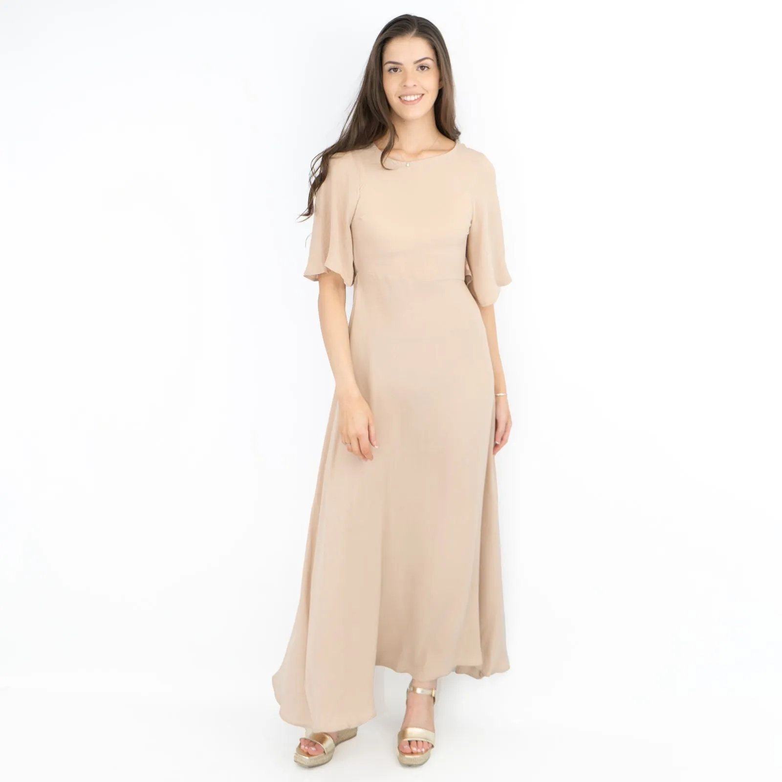 Boohoo Beige Cap Short Sleeve A-line Flare Maxi Dress