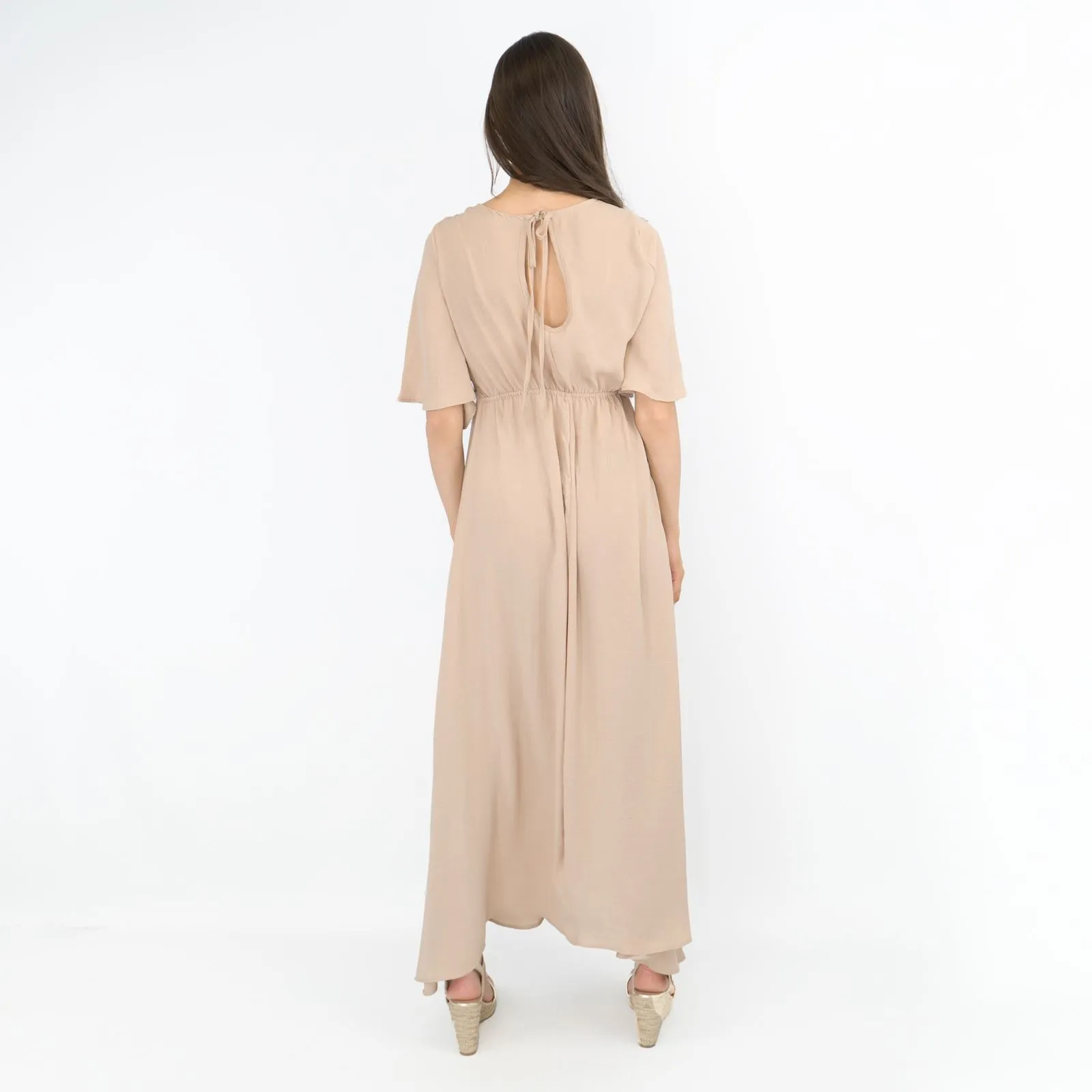 Boohoo Beige Cap Short Sleeve A-line Flare Maxi Dress