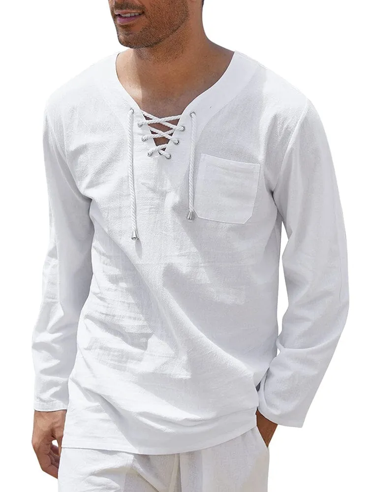 Breathable Solid Drawstring Cotton Linen Shirt (US Only)