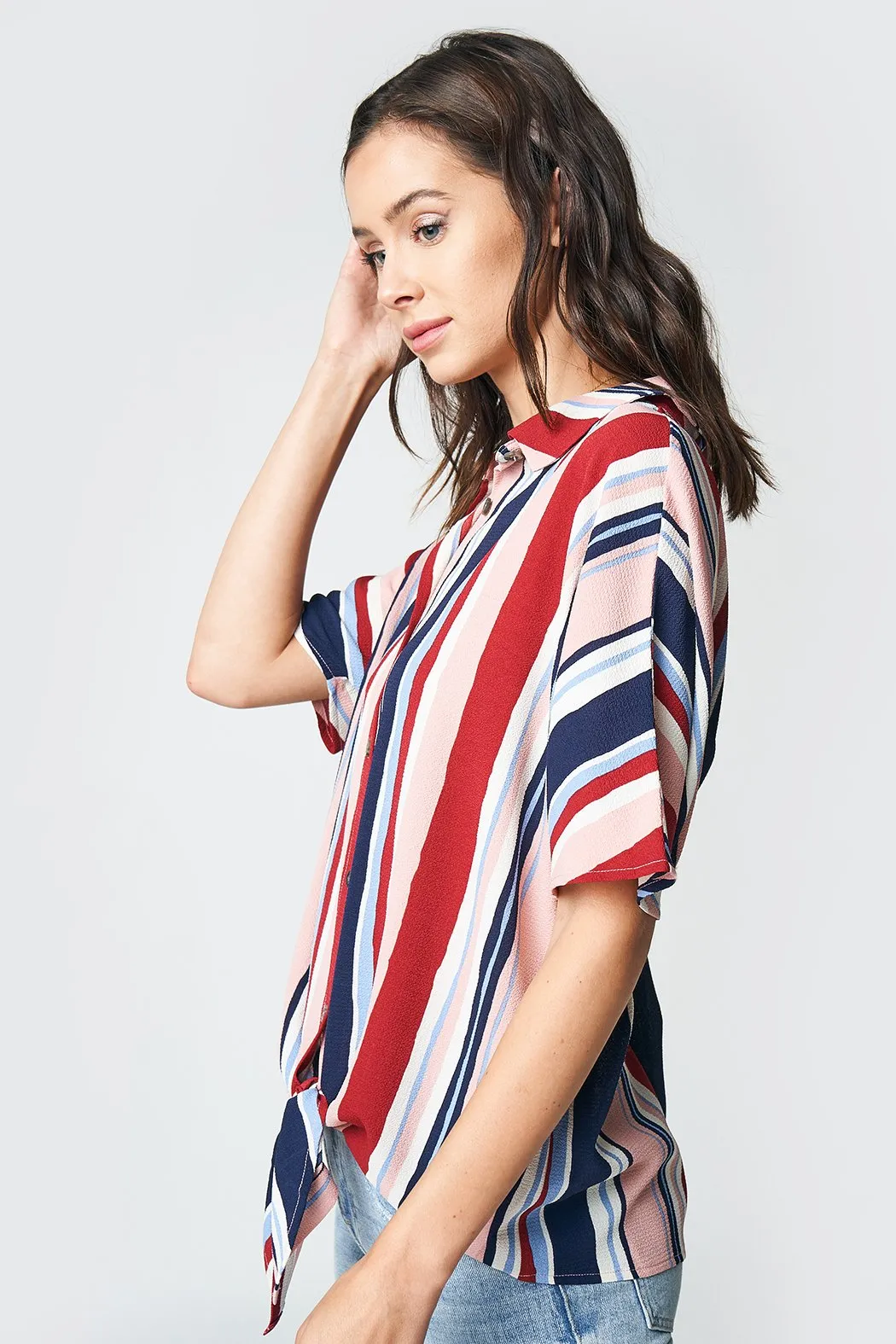 Candy Striped Button Up Tie-Front Top