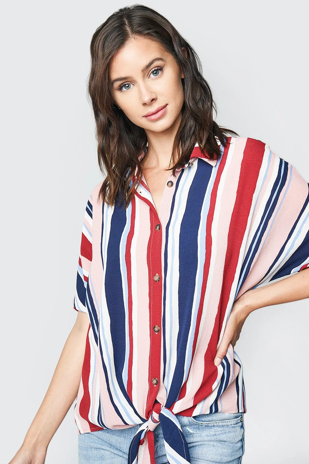 Candy Striped Button Up Tie-Front Top