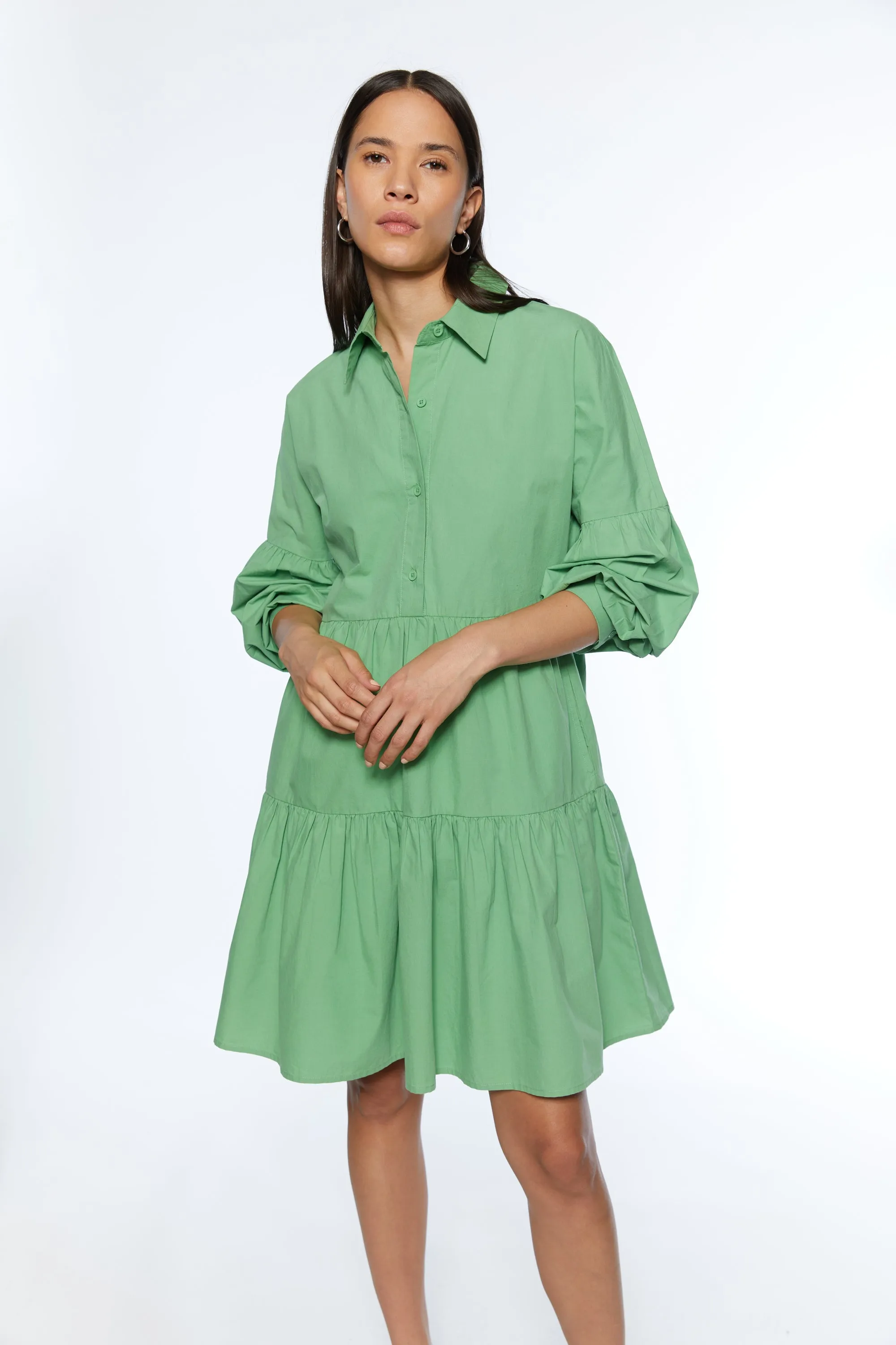 COLLARED BUTTON FRONT TIERED DRESS