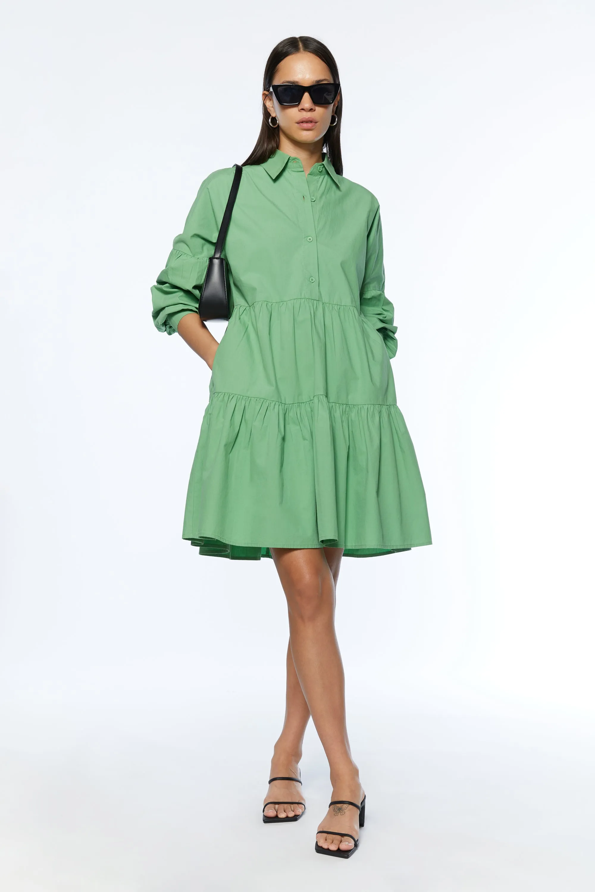 COLLARED BUTTON FRONT TIERED DRESS