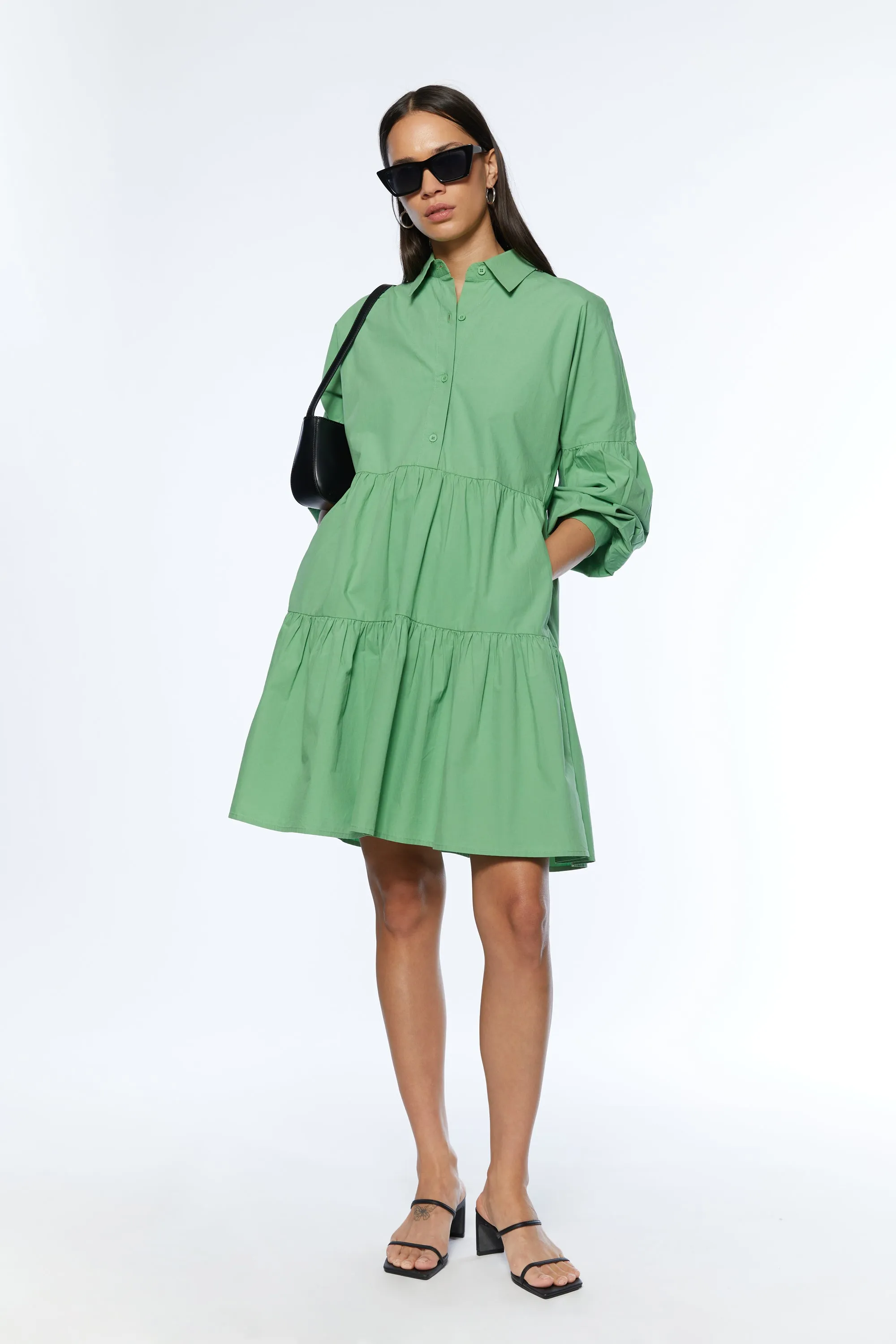 COLLARED BUTTON FRONT TIERED DRESS